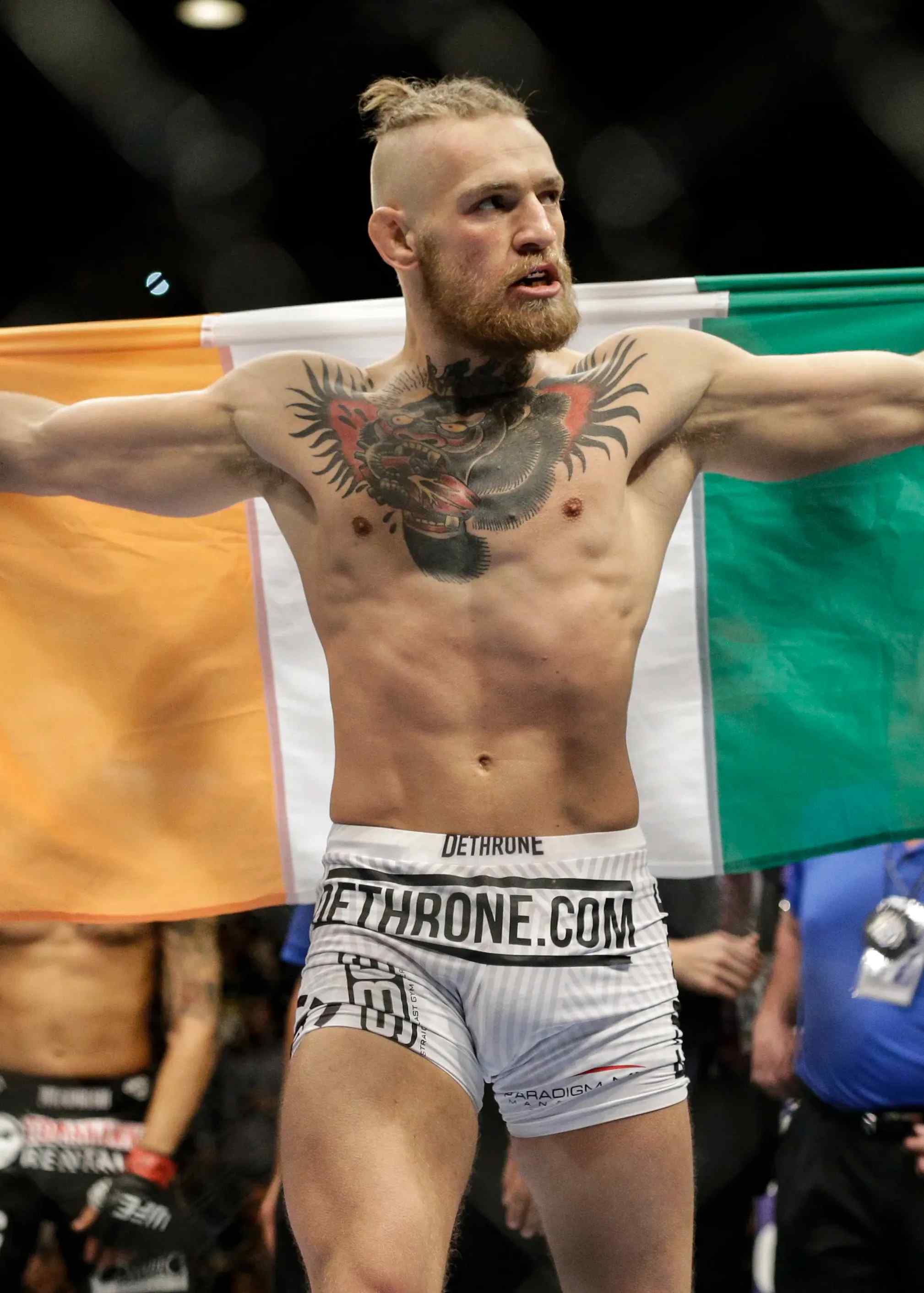 conor mcgregor with an irish flag in the ring