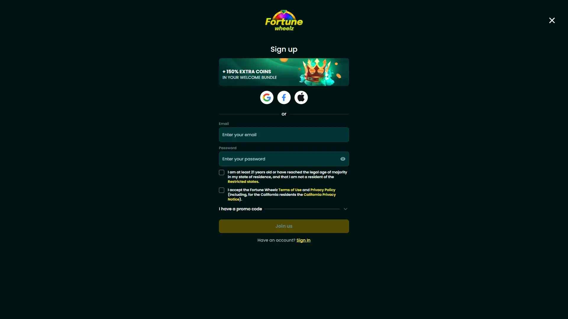 Fortune Wheelz sign up 
