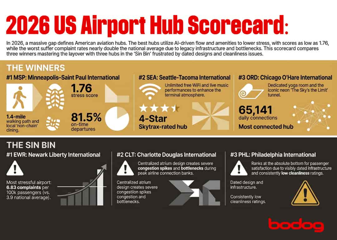 America's best and worst airport hubs ranked by Bodog Travel.