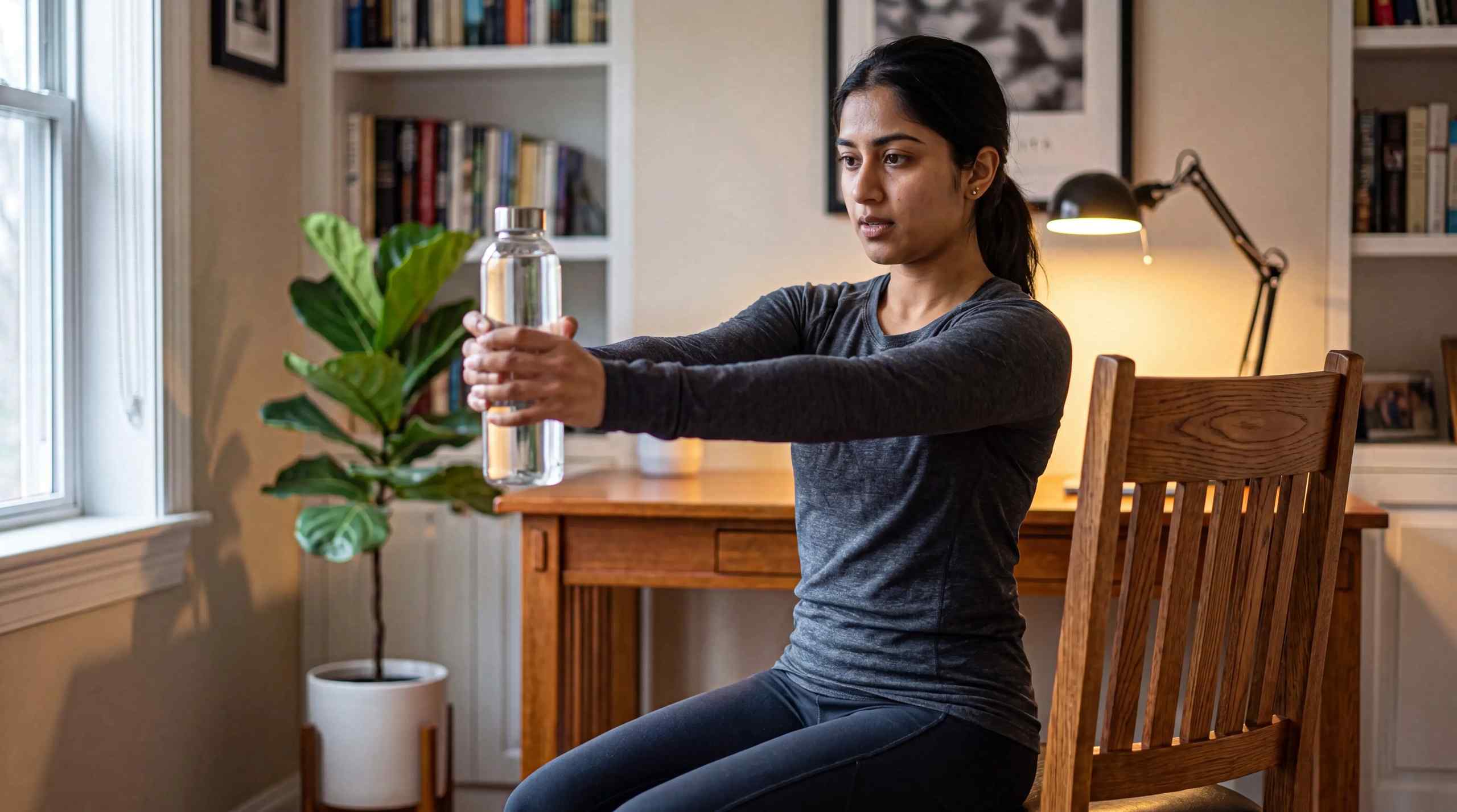 A woman doing a low-impact exercise while sitting on the edge of a chair.