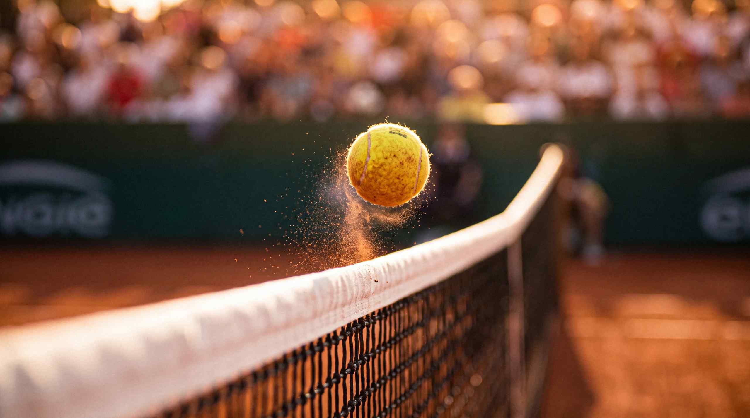 A tennis ball teetering on a net, which it could bounce either way.