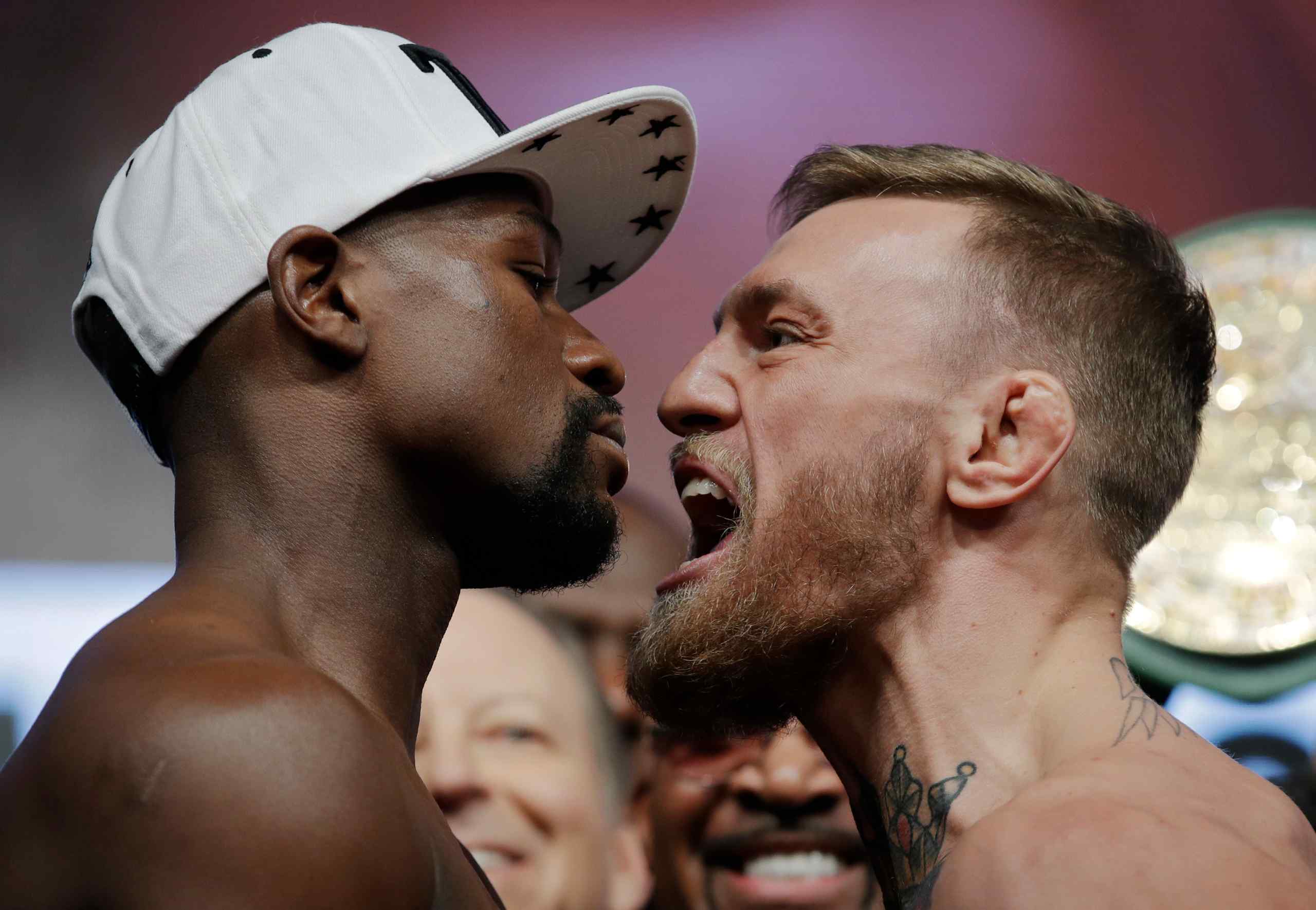 Floyd Mayweather Jr. and Conor McGregor stand-off before their fight in 2017. 