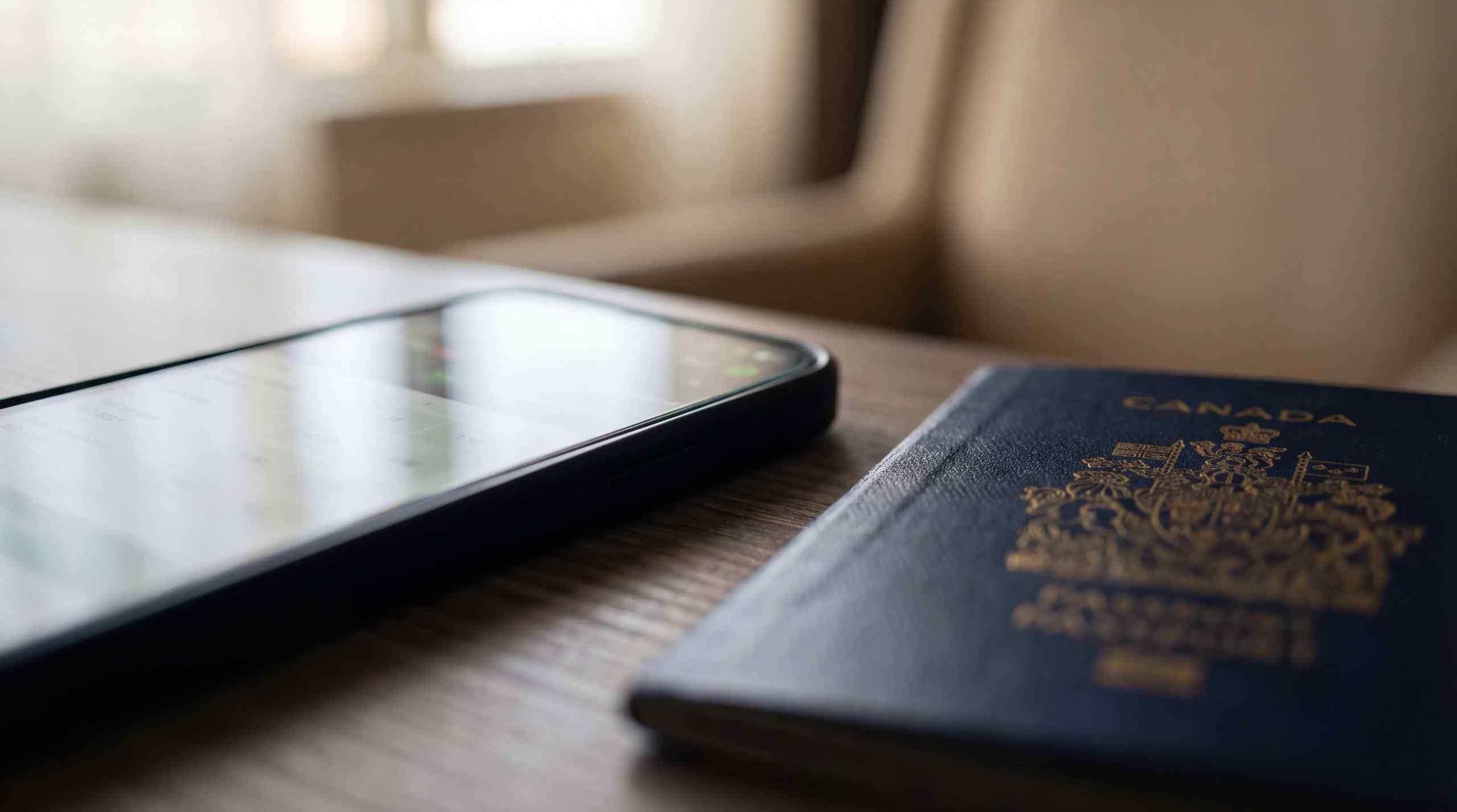A smartphone and a passport.
