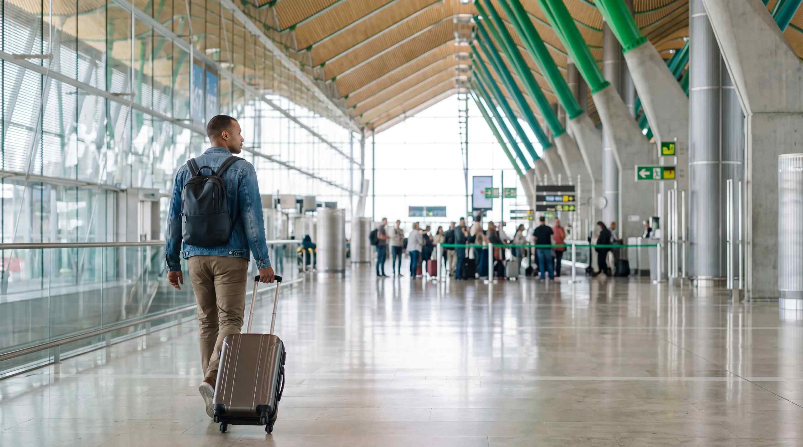 A man traversing an airport with a roller bag.