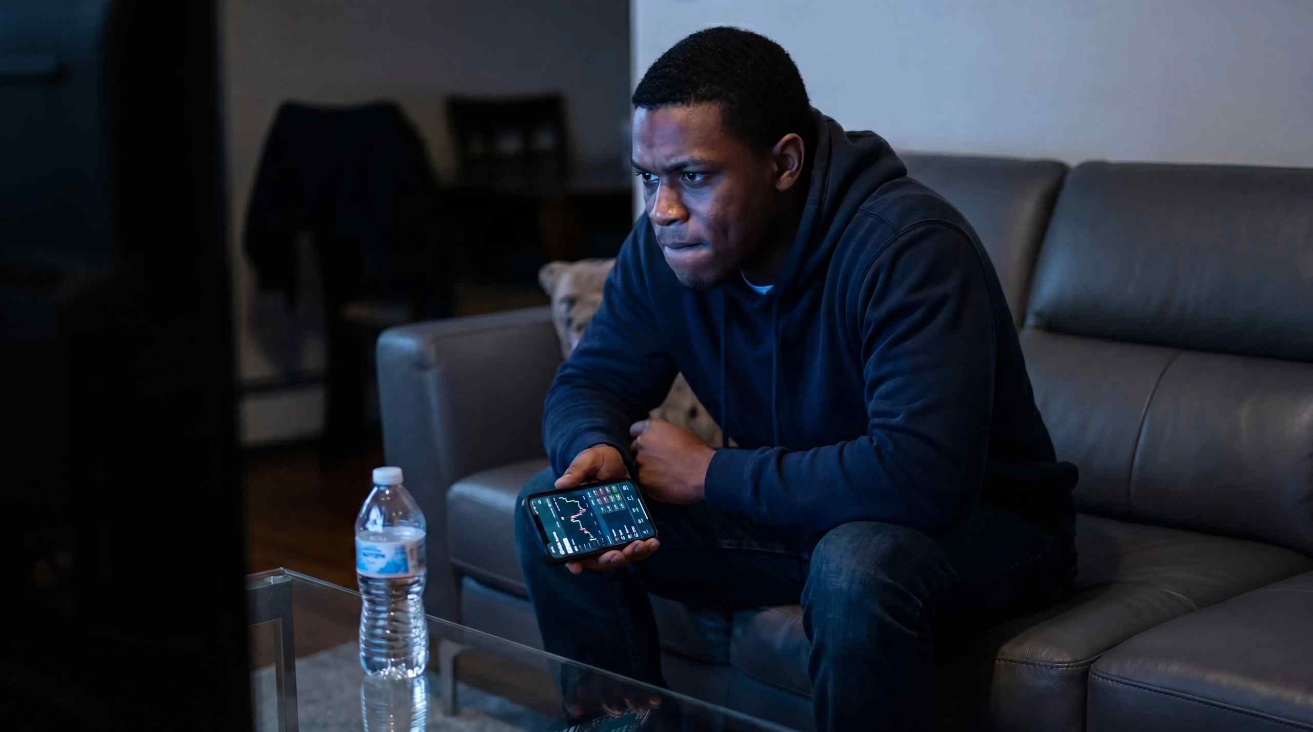 A sports fan watching a game with a sports betting app open on his phone.