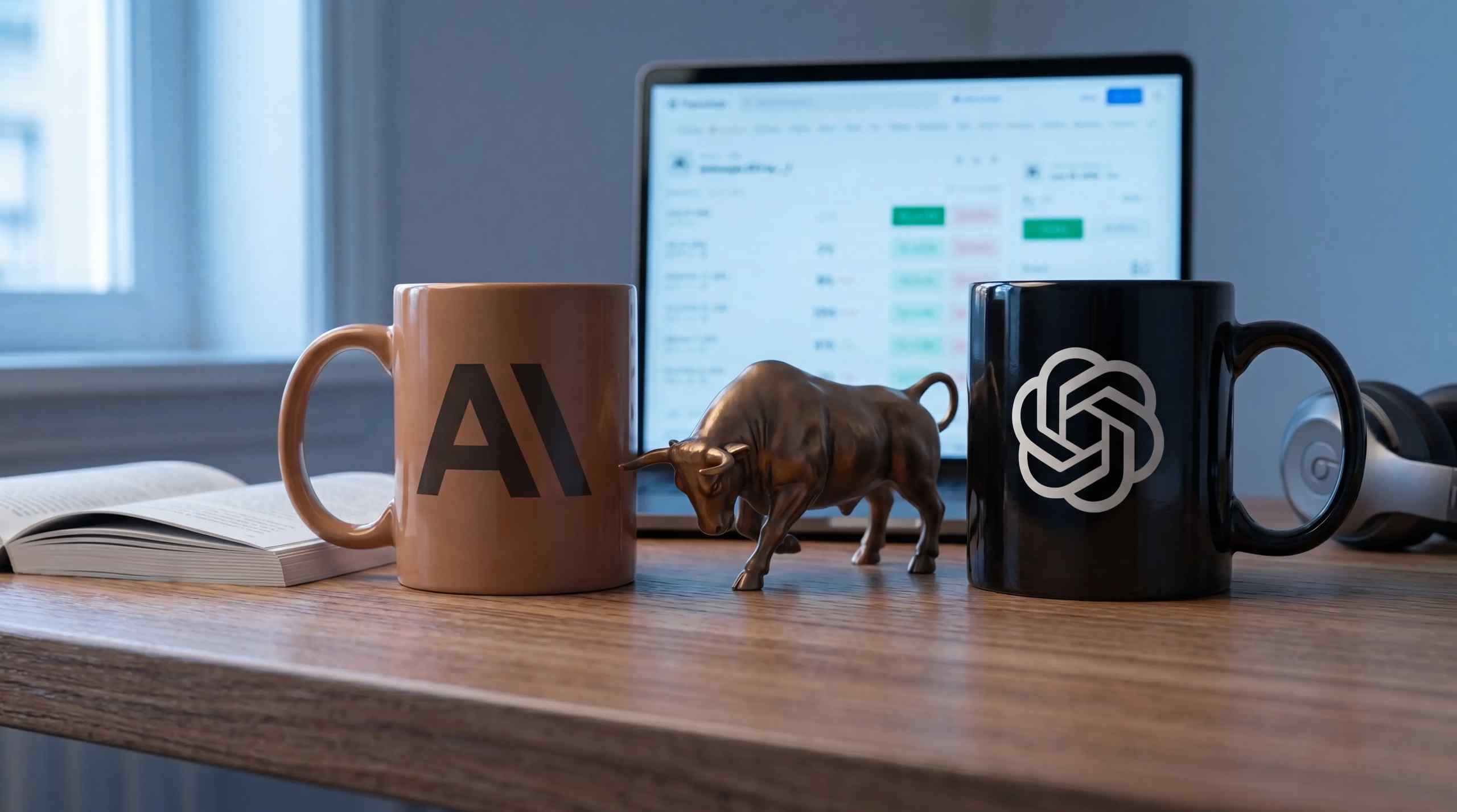 Two coffee mugs with the logos of Anthropic and OpenAI with a model of the Wall Street Bull between them.