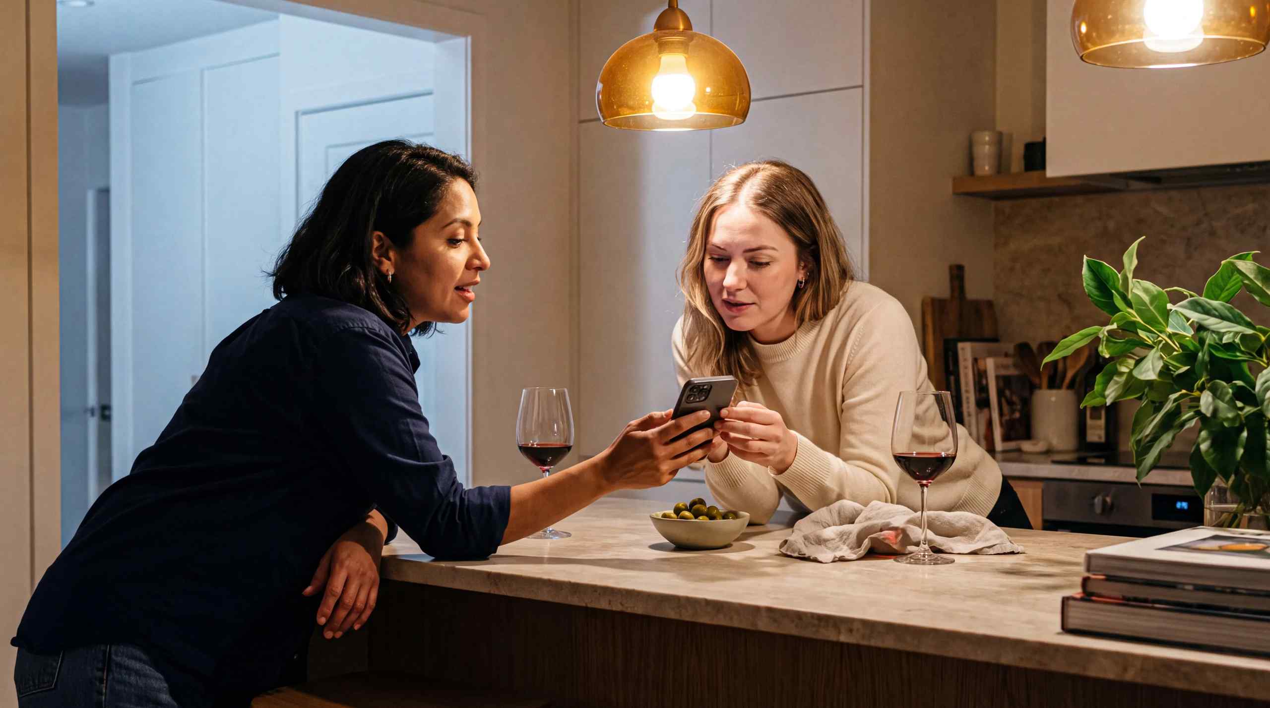 women with wine on a phone