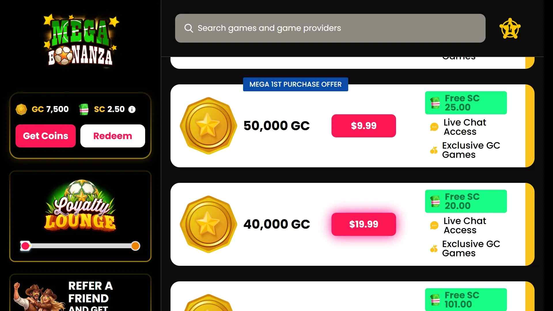 Mega Bonanza welcome bonuses
