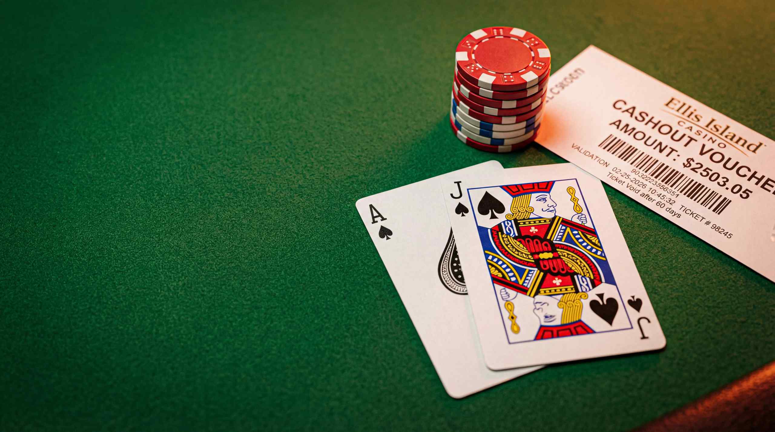 A photo of playing cards and chips at a gambling table.