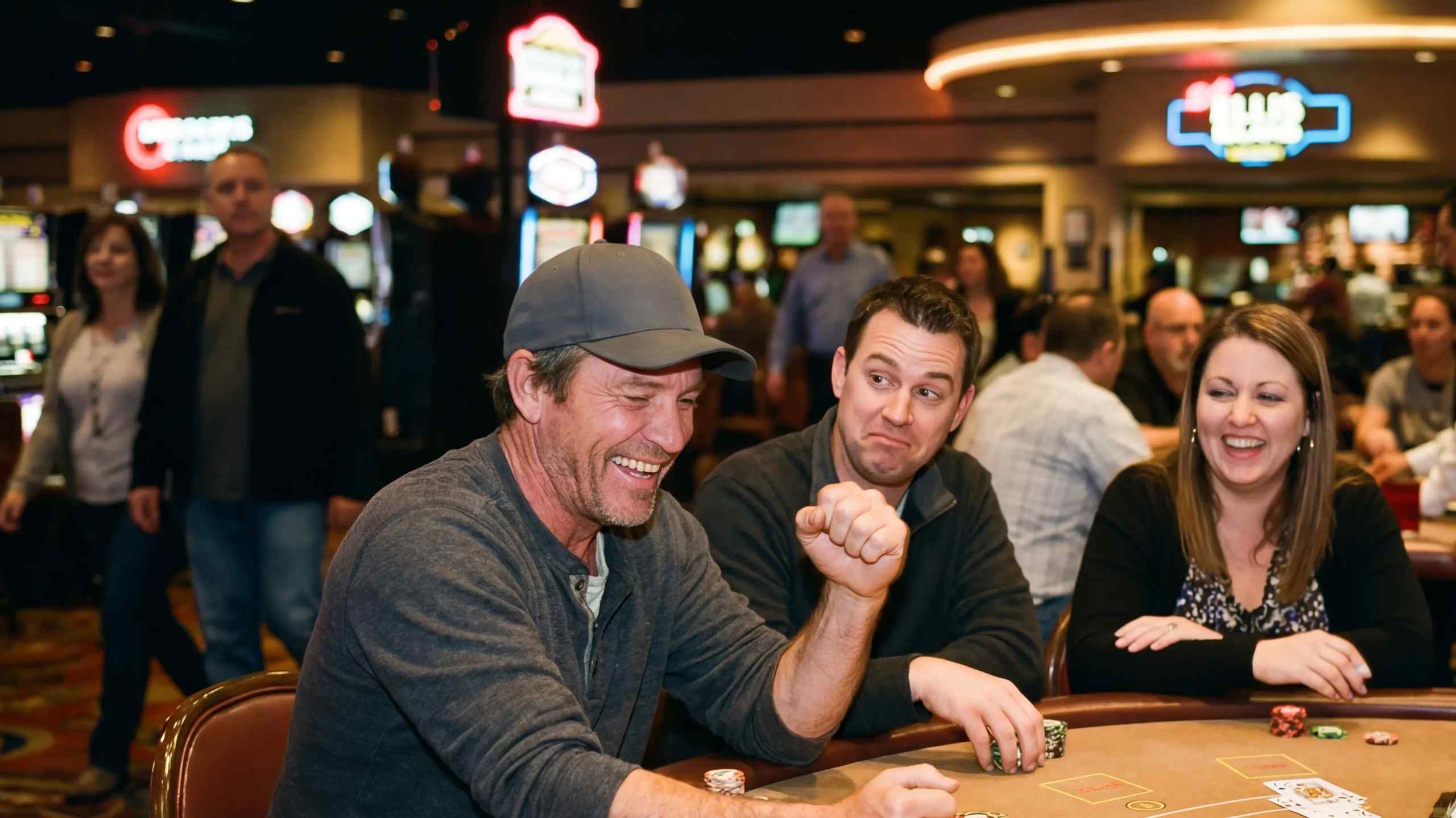 Someone sitting at a blackjack table in Las Vegas cheering.