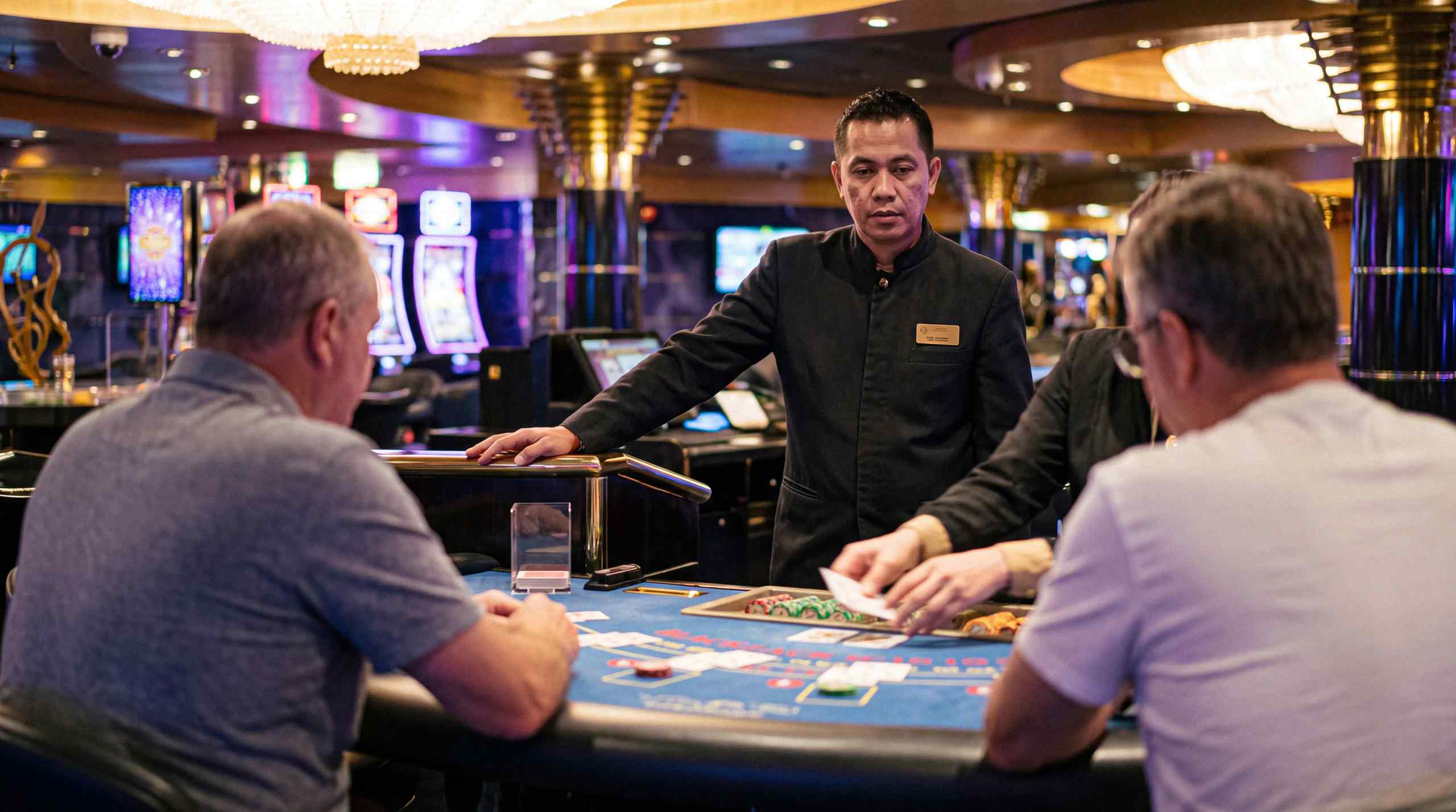 A group of people playing blackjack.