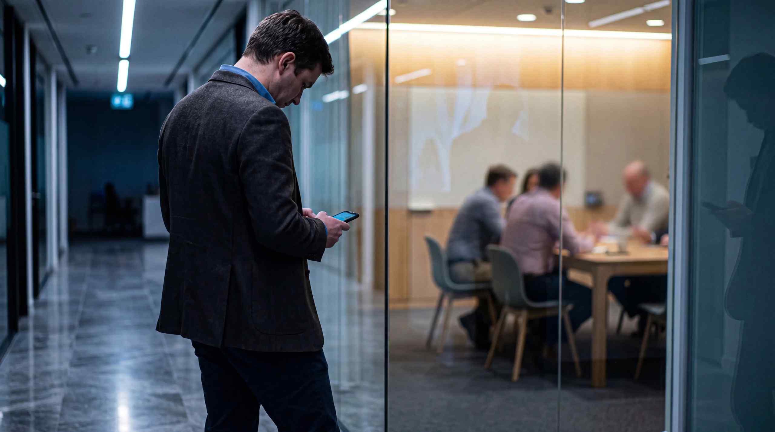 A man checking his phone before going into a meeting.