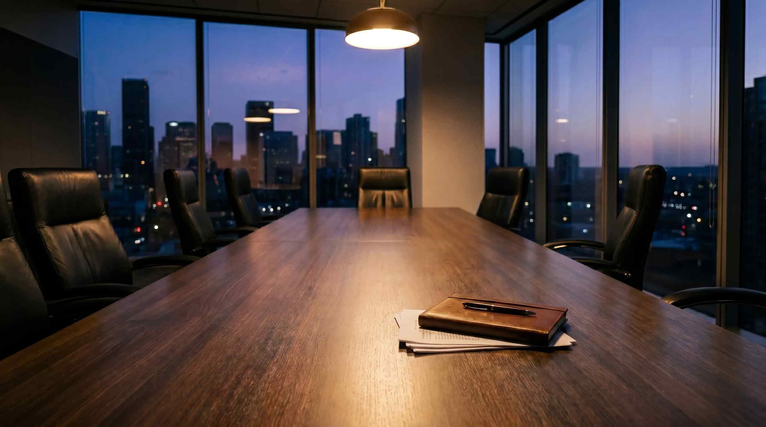 A notebook and documents on a boardroom table.