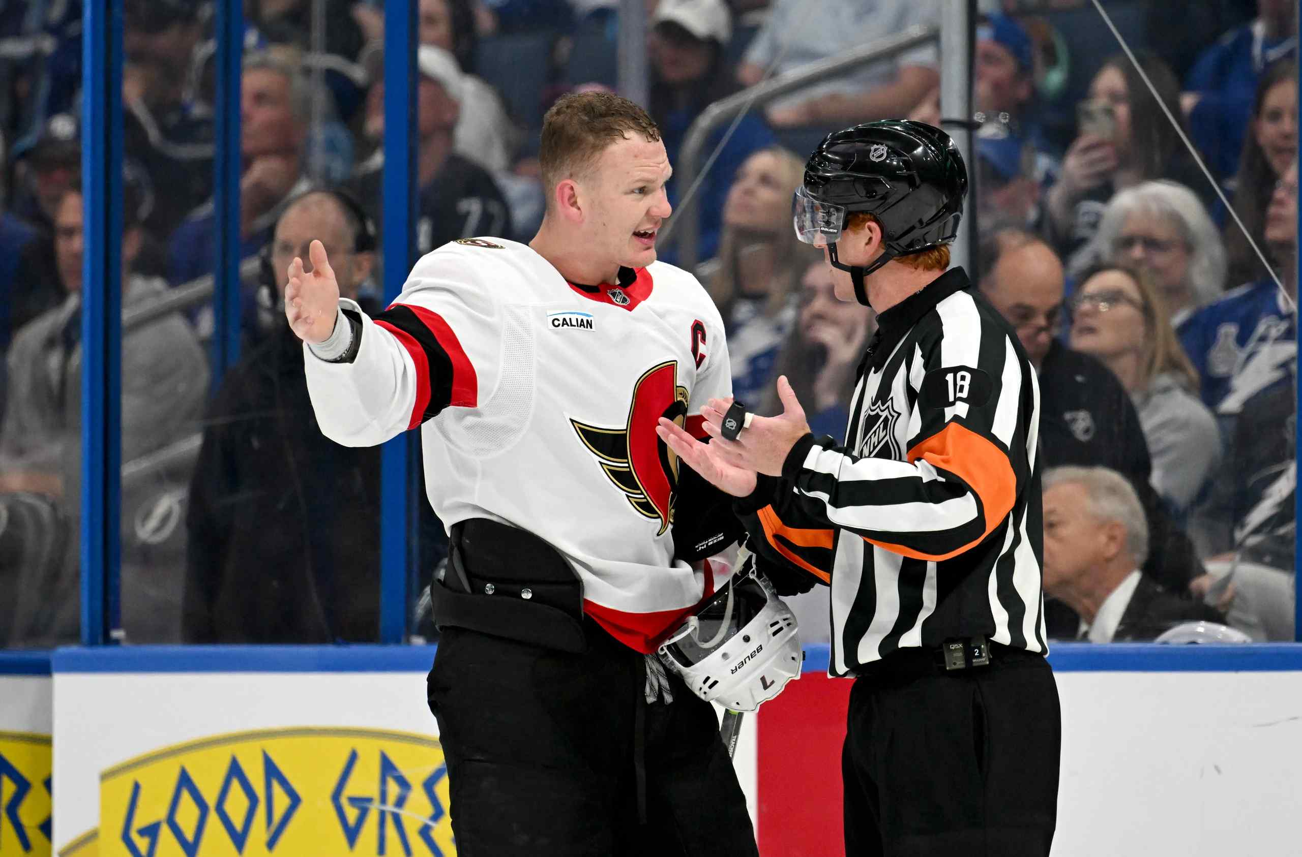Brady Tkachuk arguing with a ref while he played with the Ottawa Senators.
