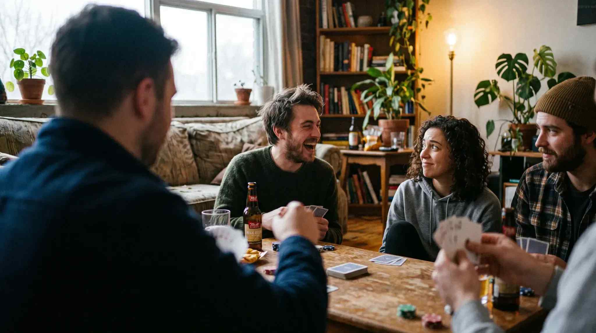 AI image of friends playing poker while a friend tells a joke that might not have hit.
