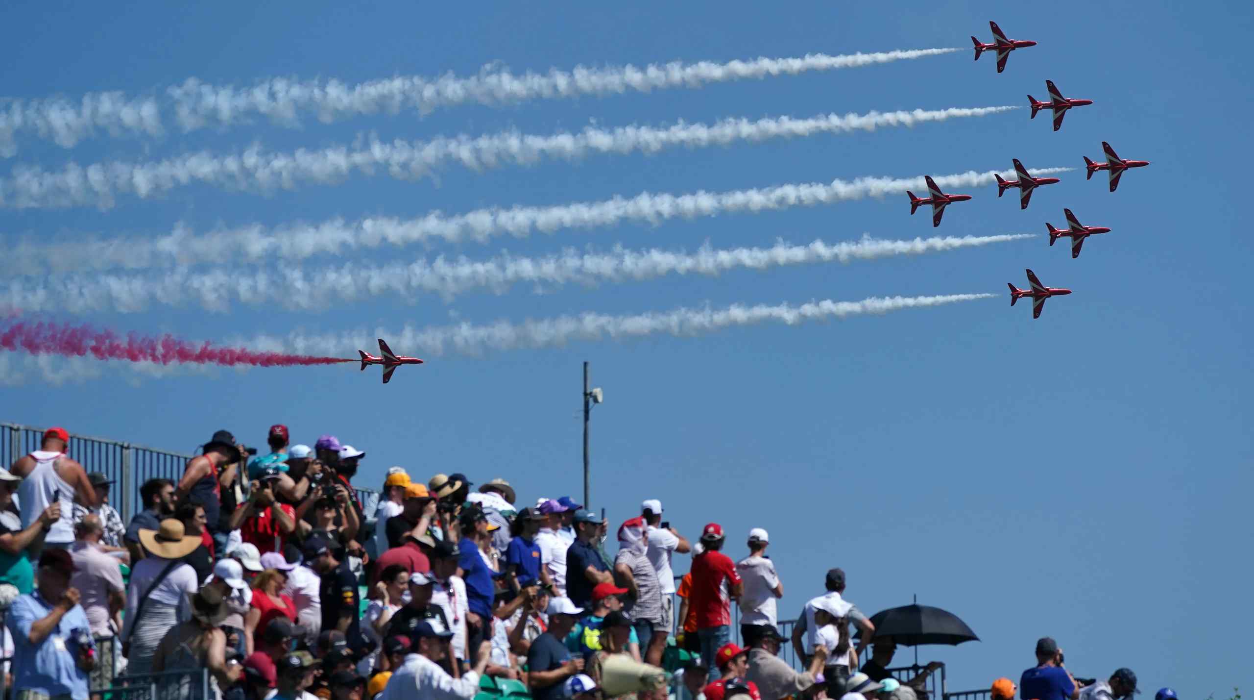 An air show at the British Grand Prix at Silverstone.