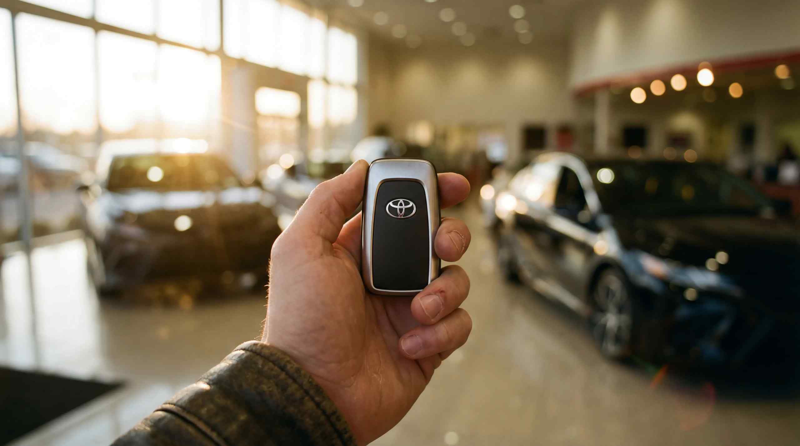 A hand holding a car key to a new car.