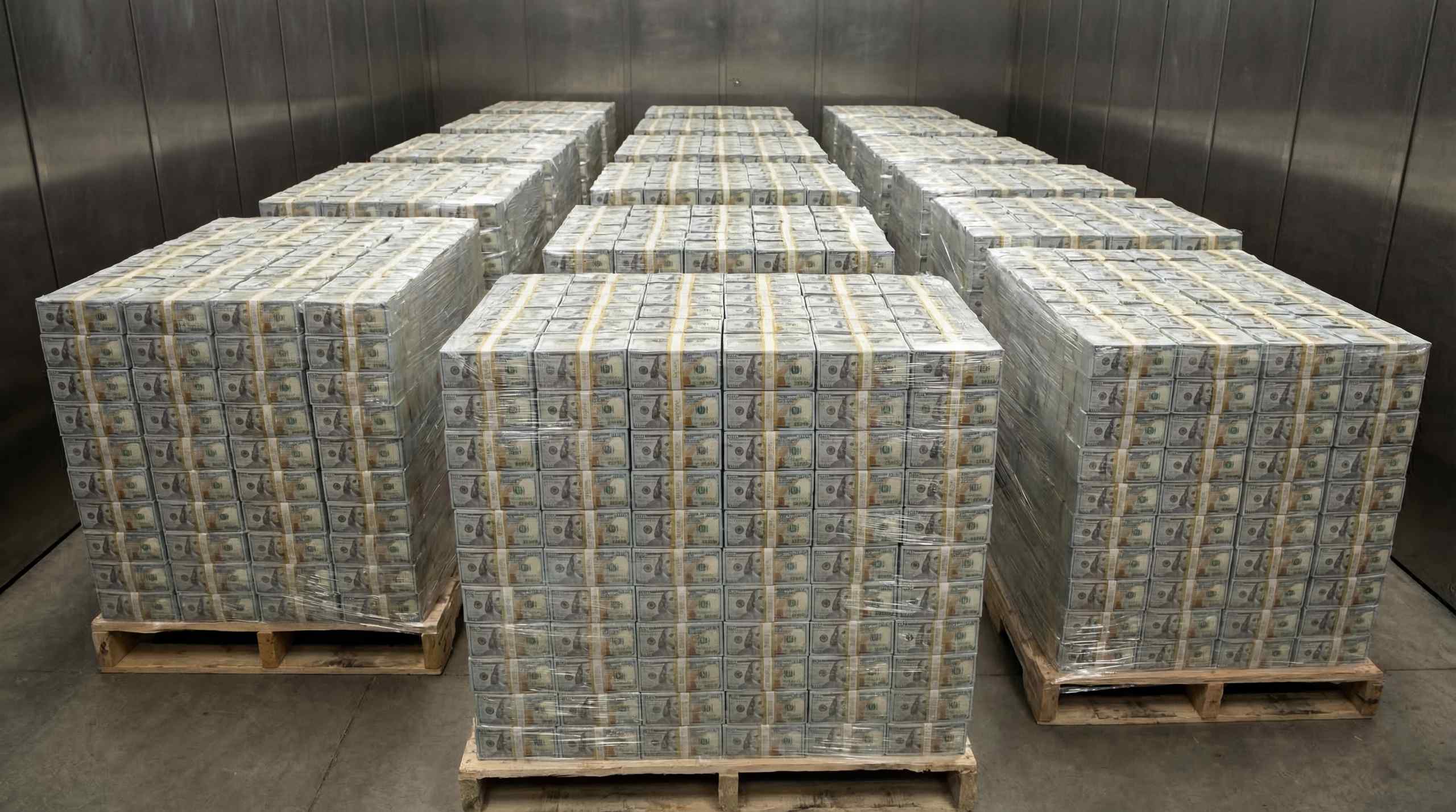 A huge amount of cash on pallets.