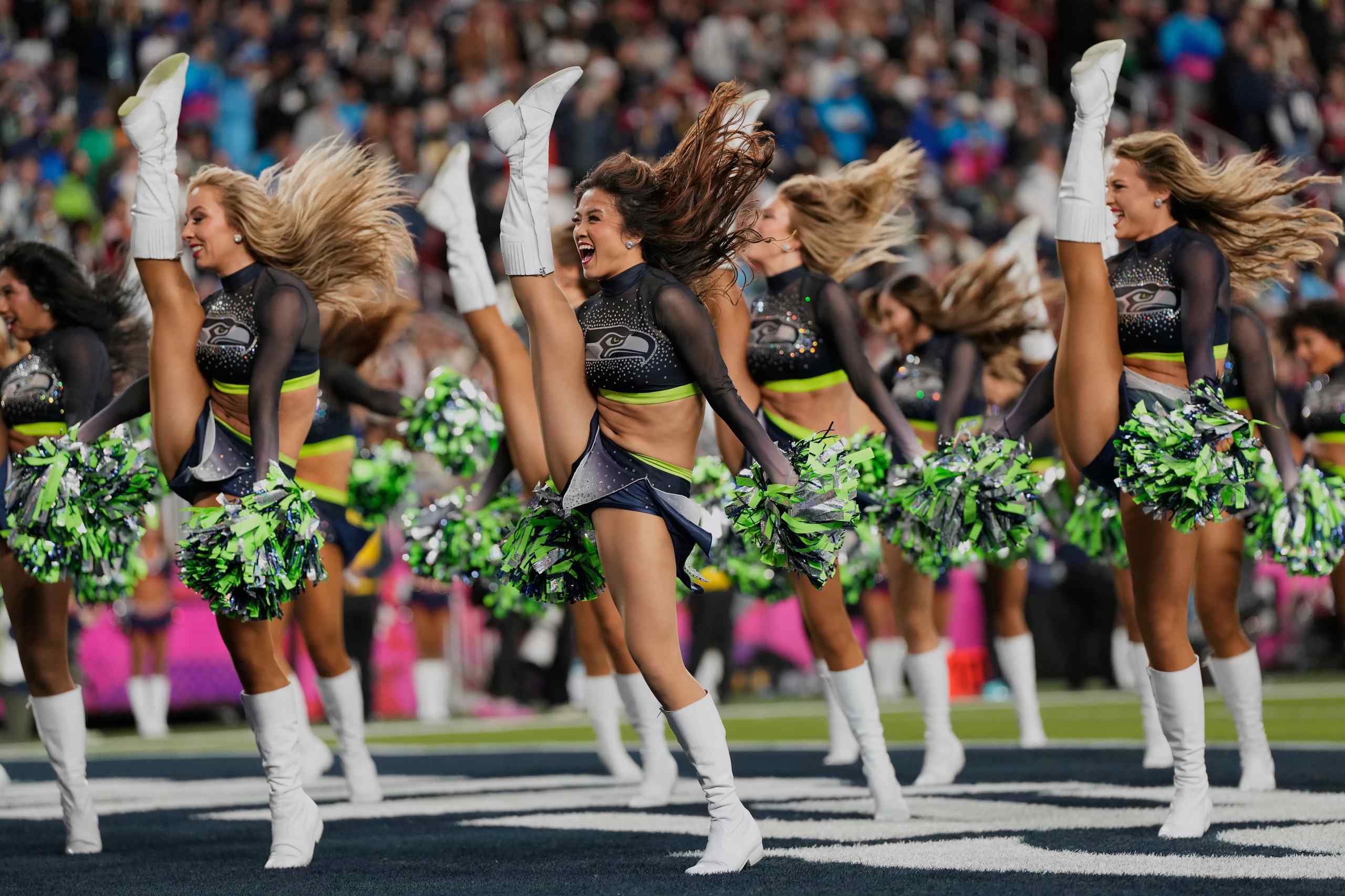 Cheerleaders in mid-performance.