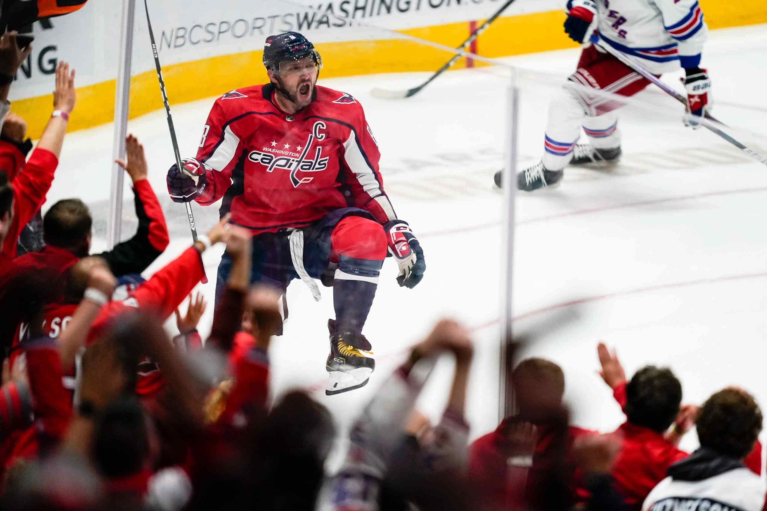 Alexander Ovechkin celebrating a goal for the Washington Capitals.