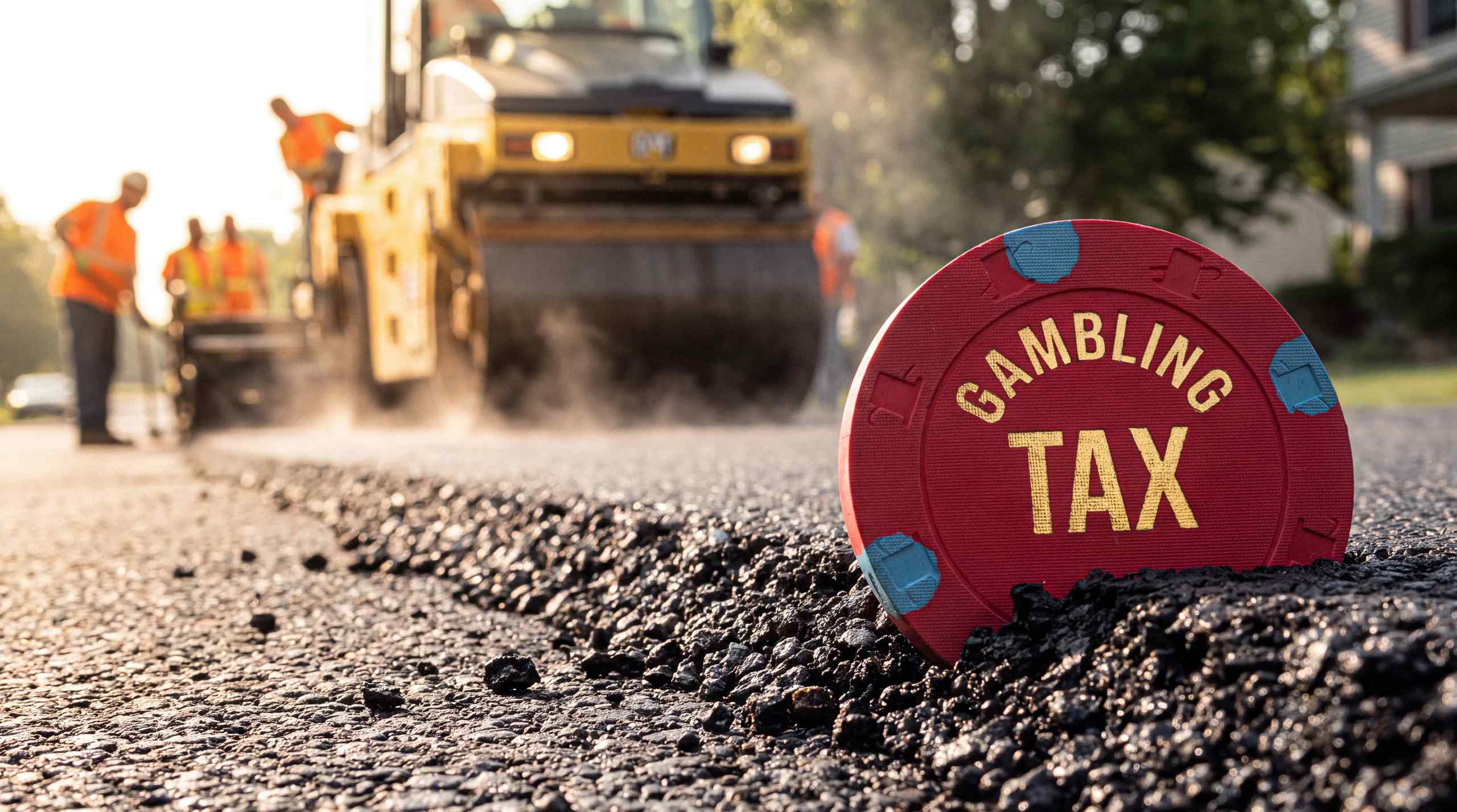 A casino chip embedded into a road with the words Gambling Tax