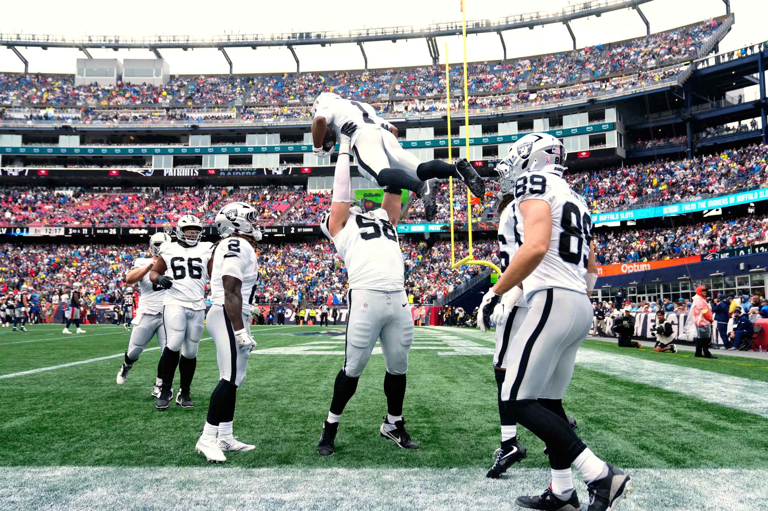 Las Vegas Raiders players celebrating.