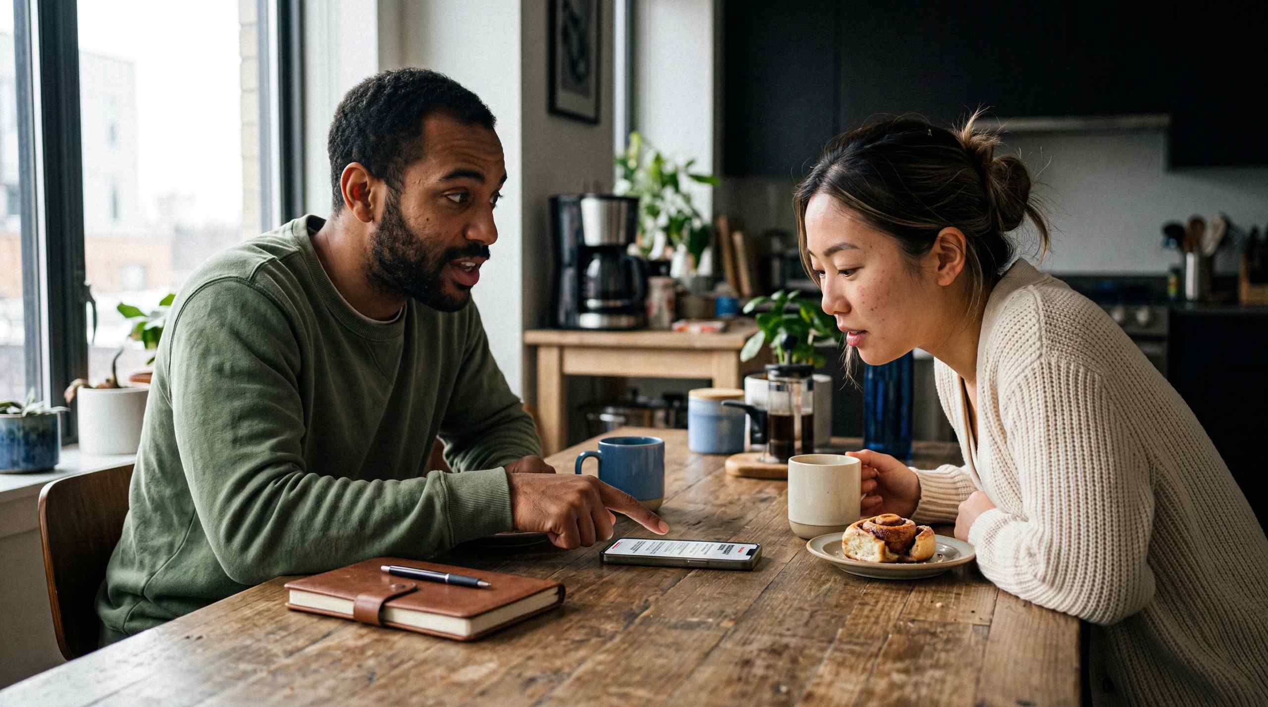 A man and a woman look over financials of a small business on a smartphone.