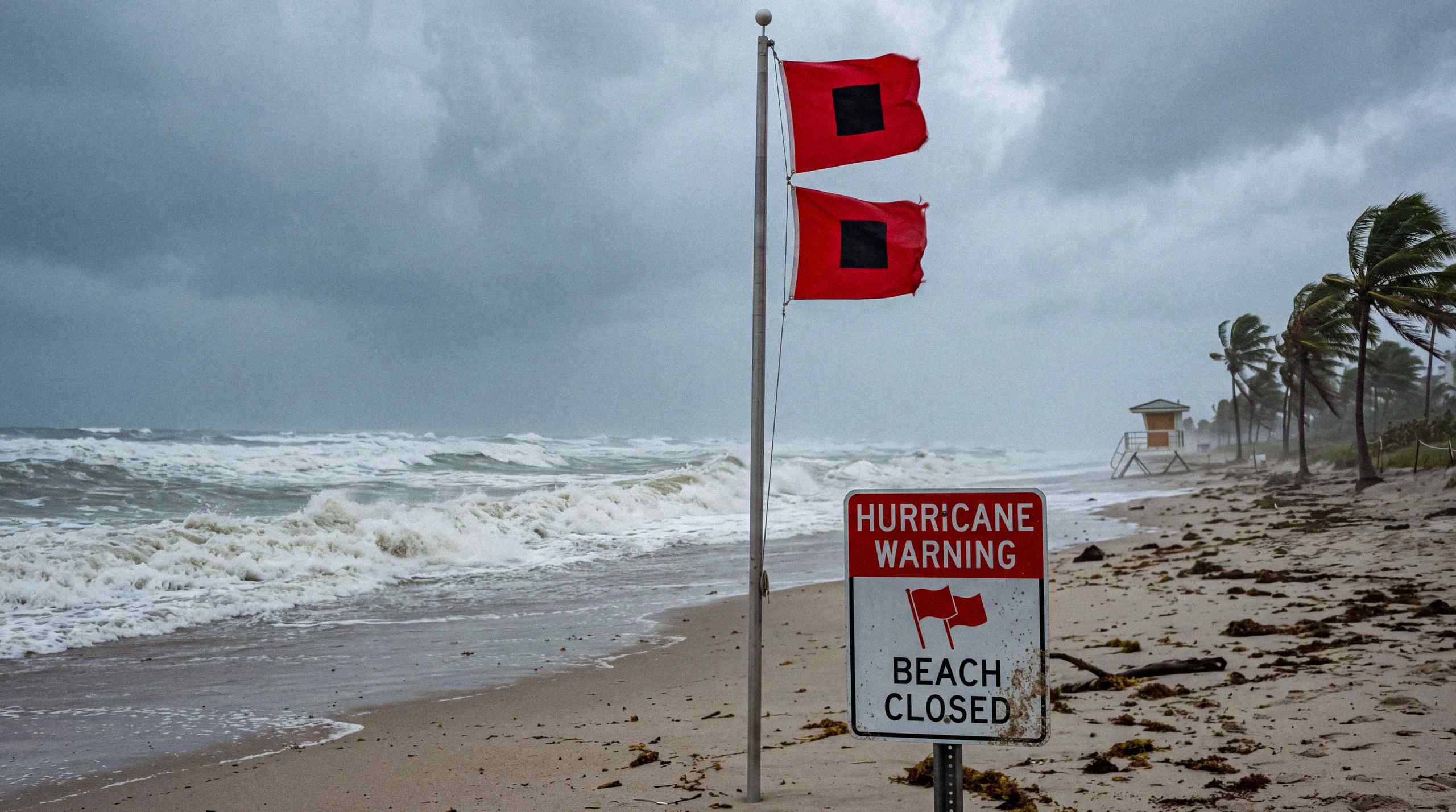 A closed beach with a hurricane warning sign