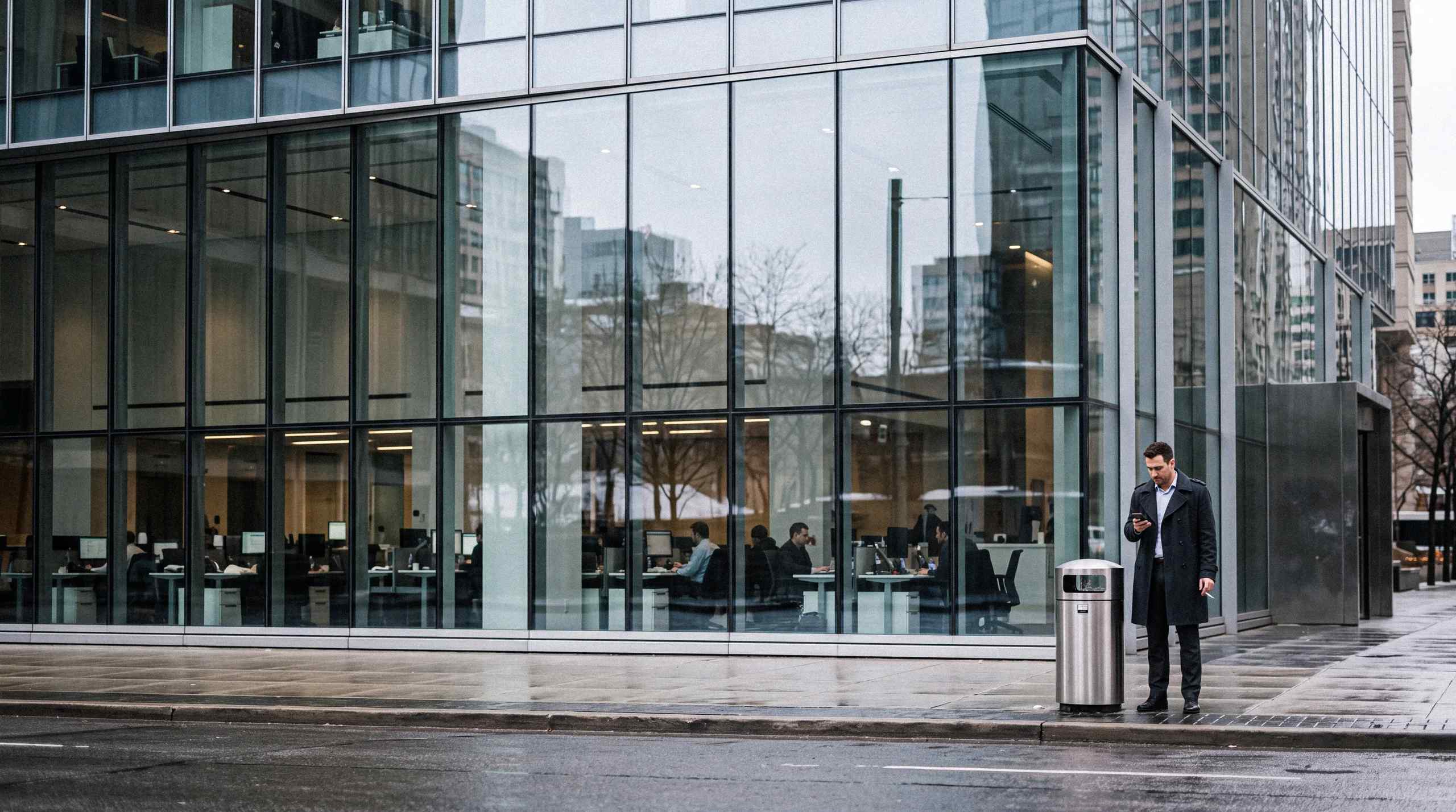 A man standing outside with a cigarette, checking his phone.