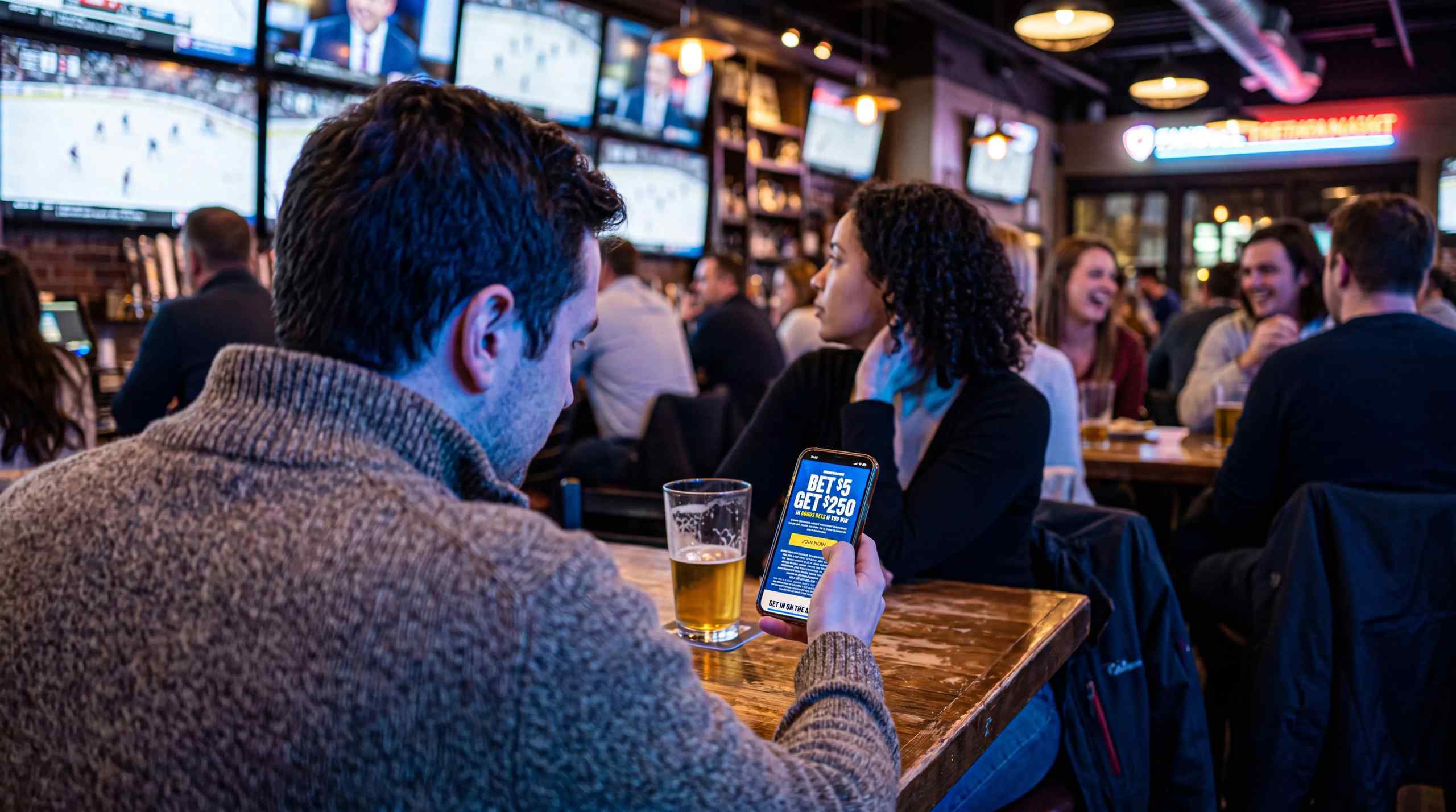 man looking at sports betting on phone