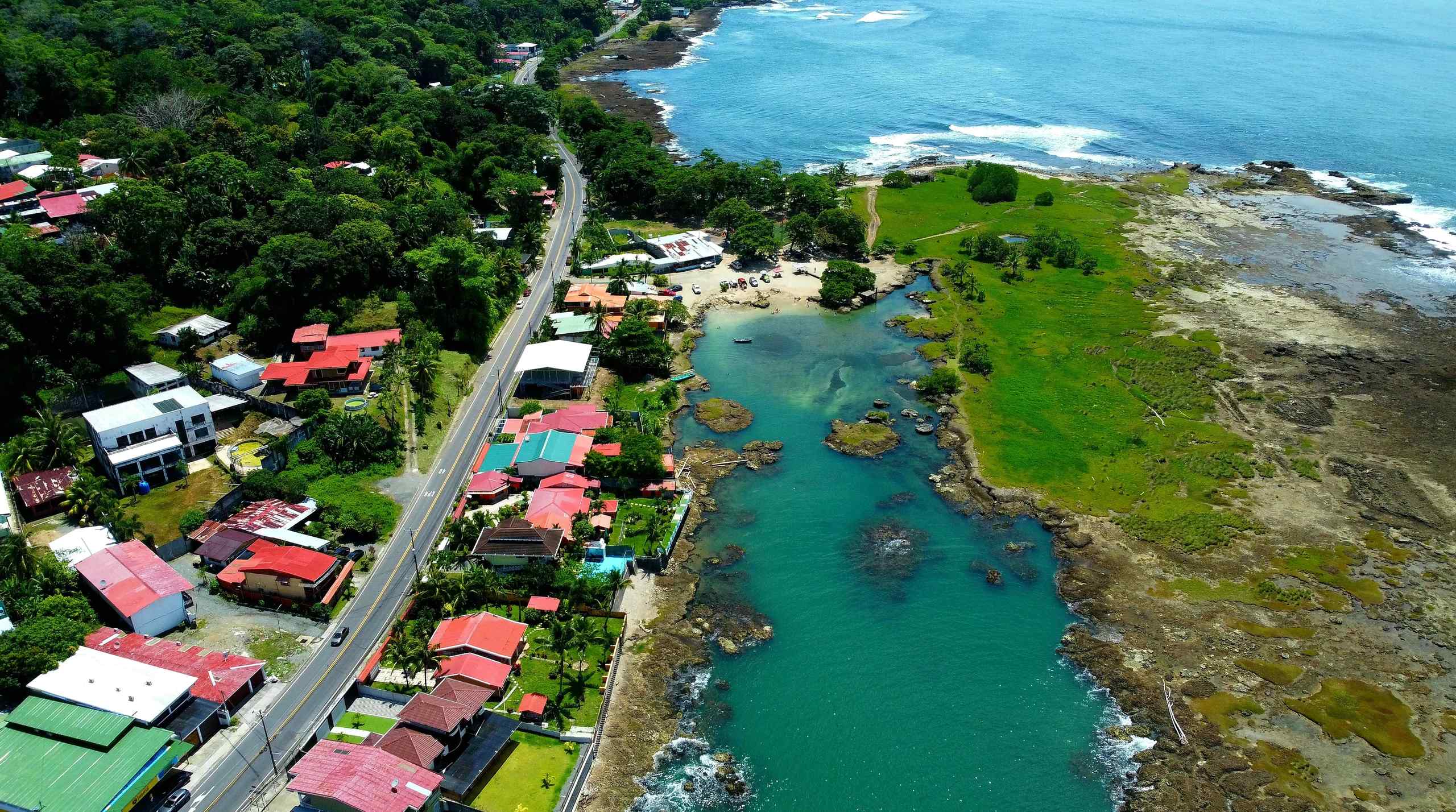 An arial photo of an area near the beach in the Limón Province, Costa Rica.