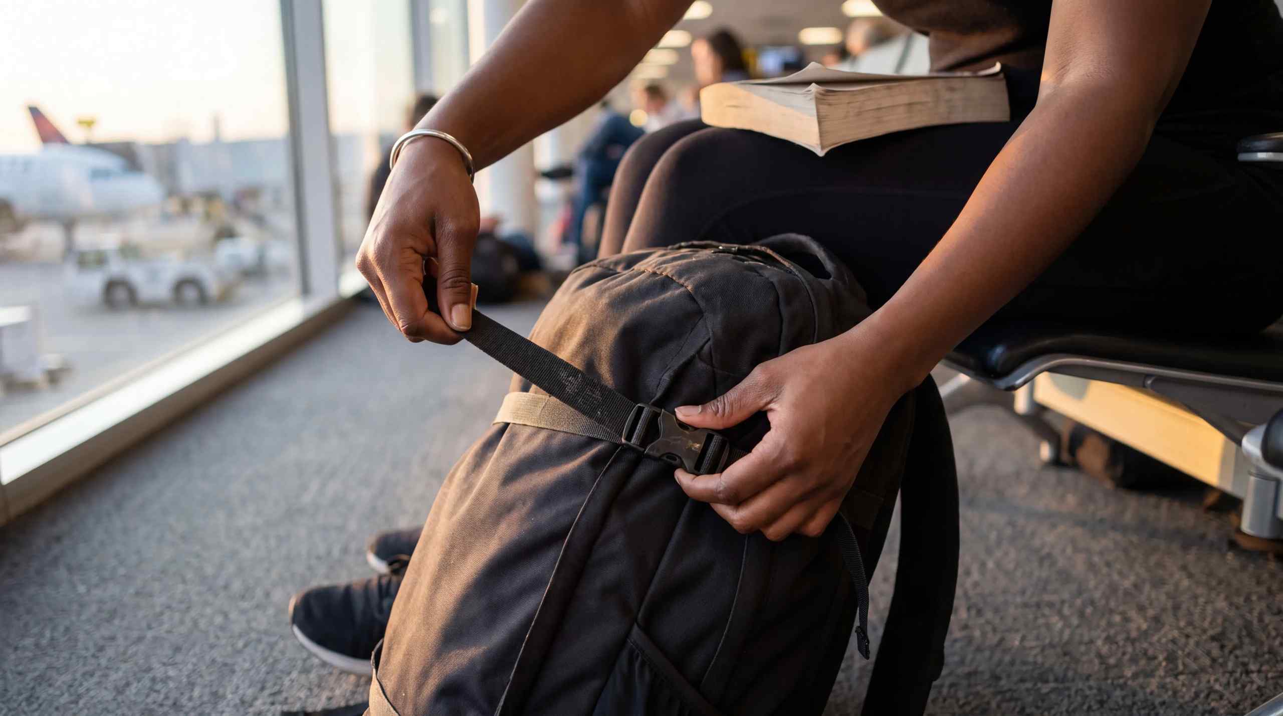 An image of a person adjusting their backpack at an airport.