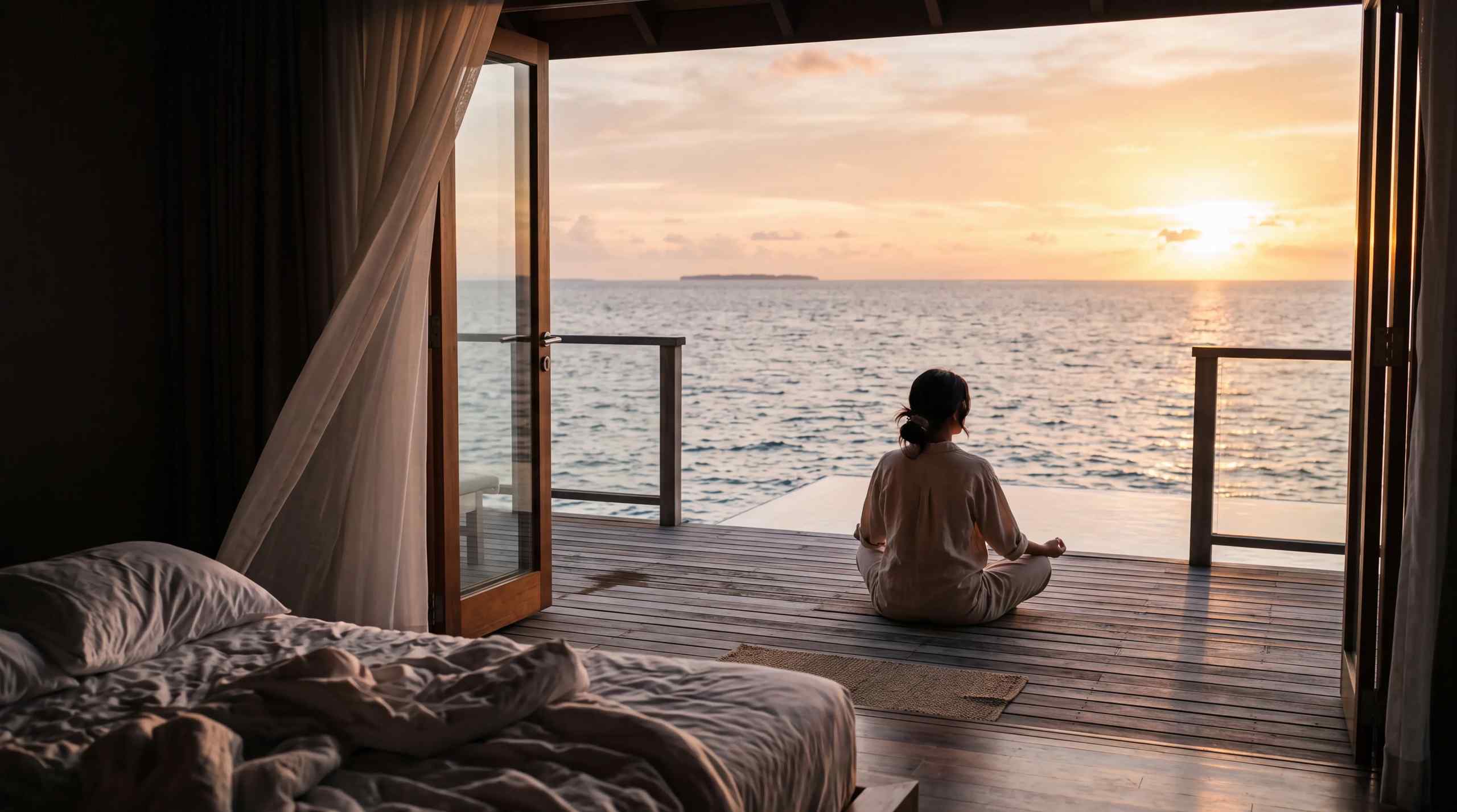 A woman meditating from her ocean-facing hotel room.