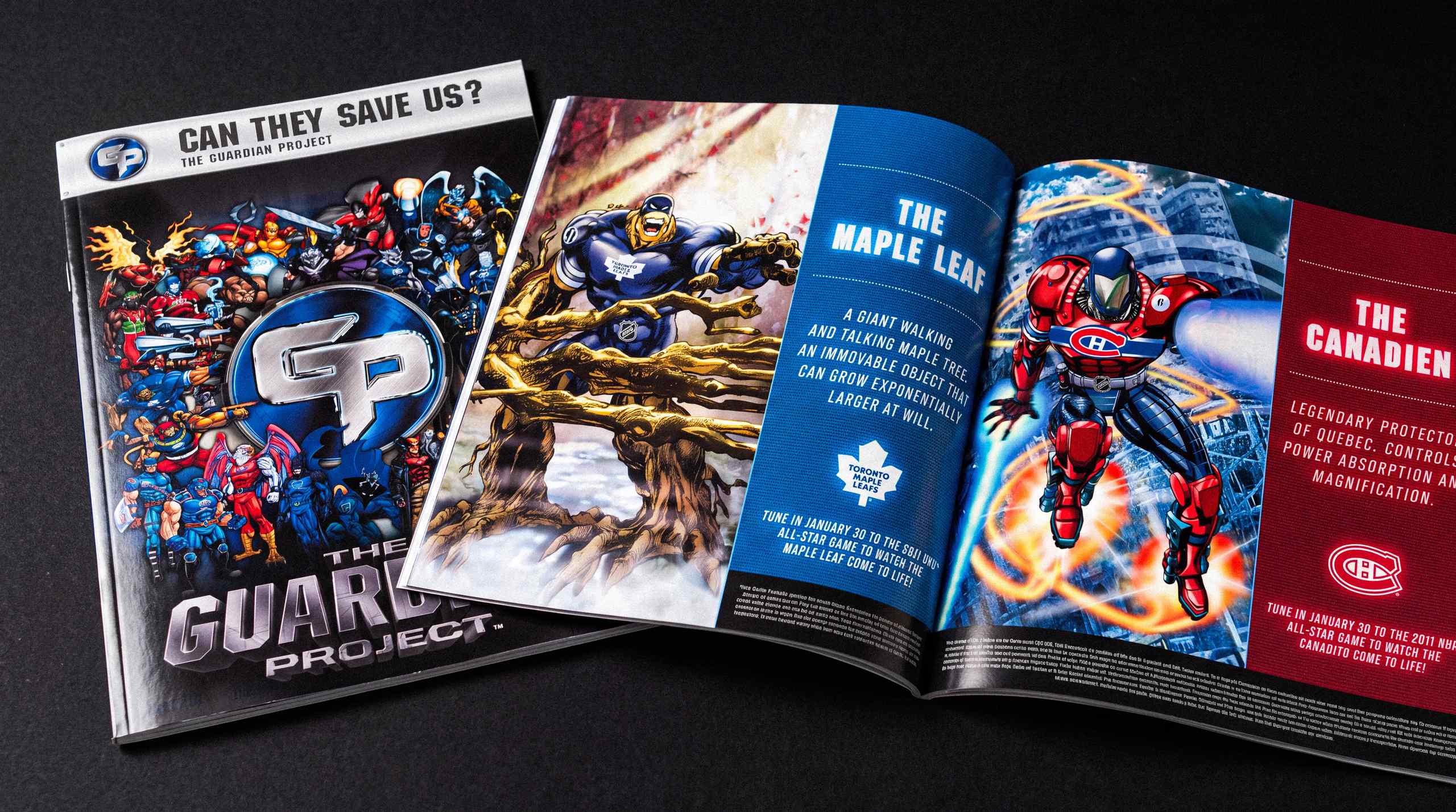 An example of some of the super heroes, including The Maple Leaf and The Canadien, created for the NHL's failed Guardian's project.