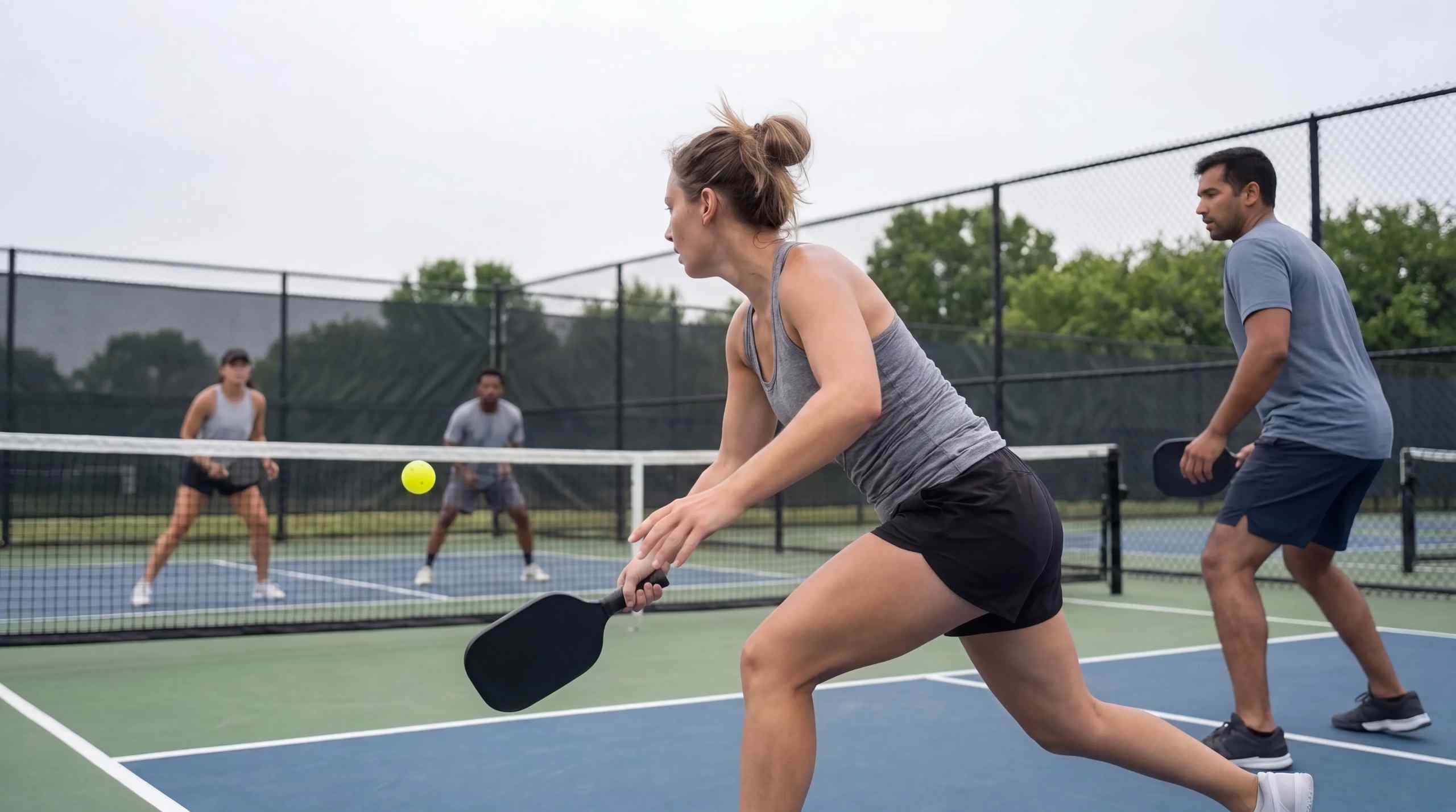 A woman returning a serve in pickleball.
