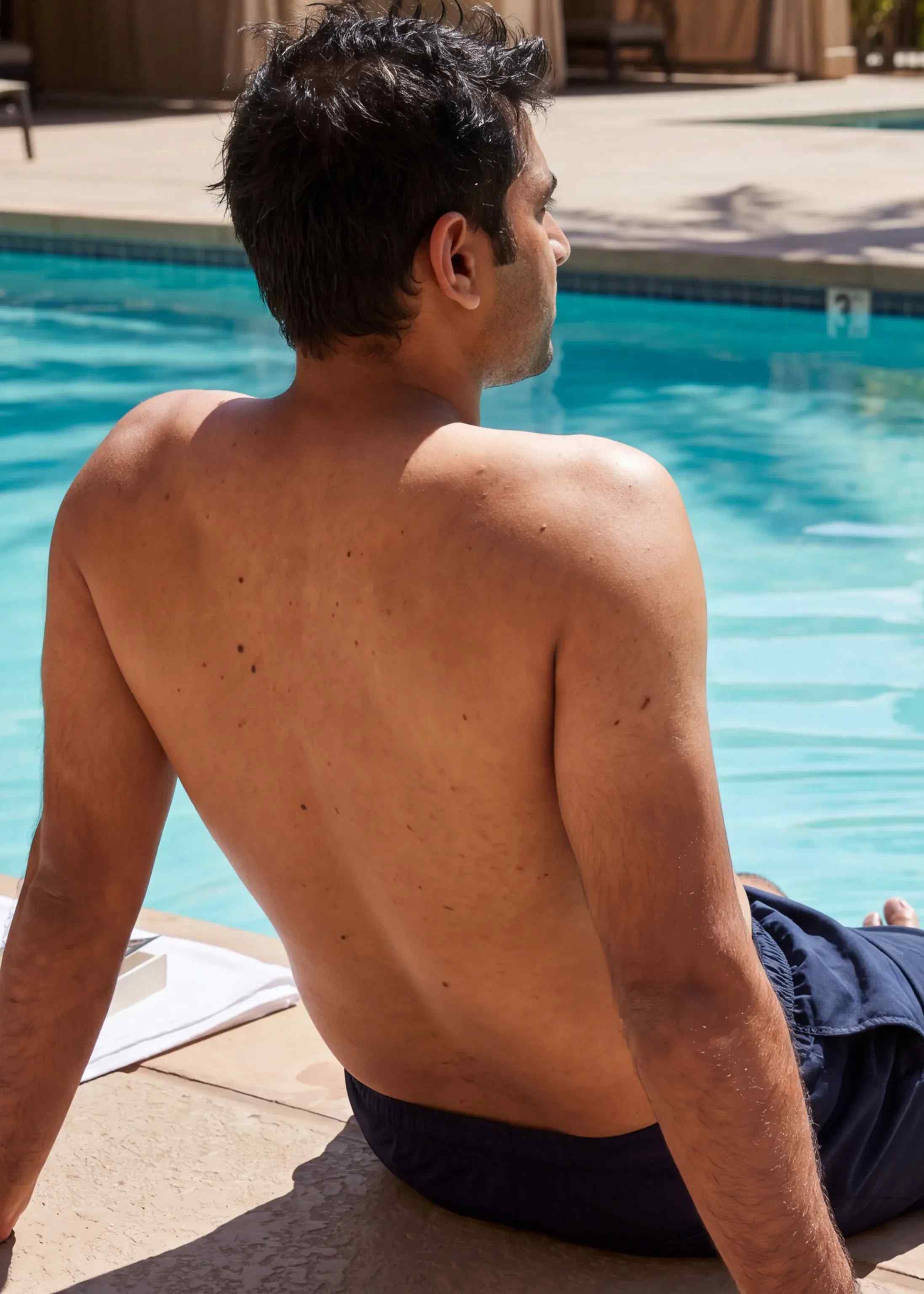 A man sitting on the side of a pool.