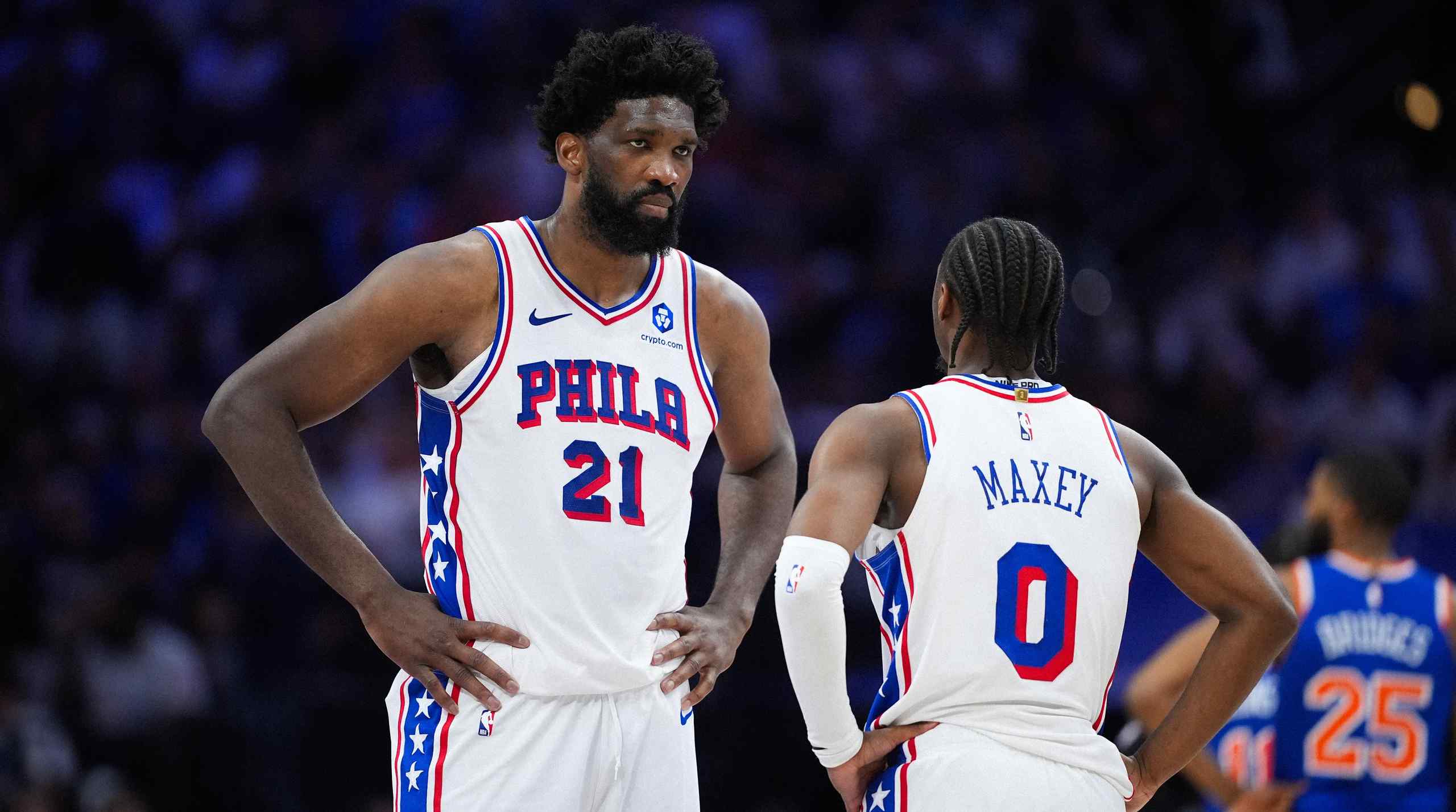 Philadelphia 76ers players Joel Embiid and Tyrese Maxey during a game