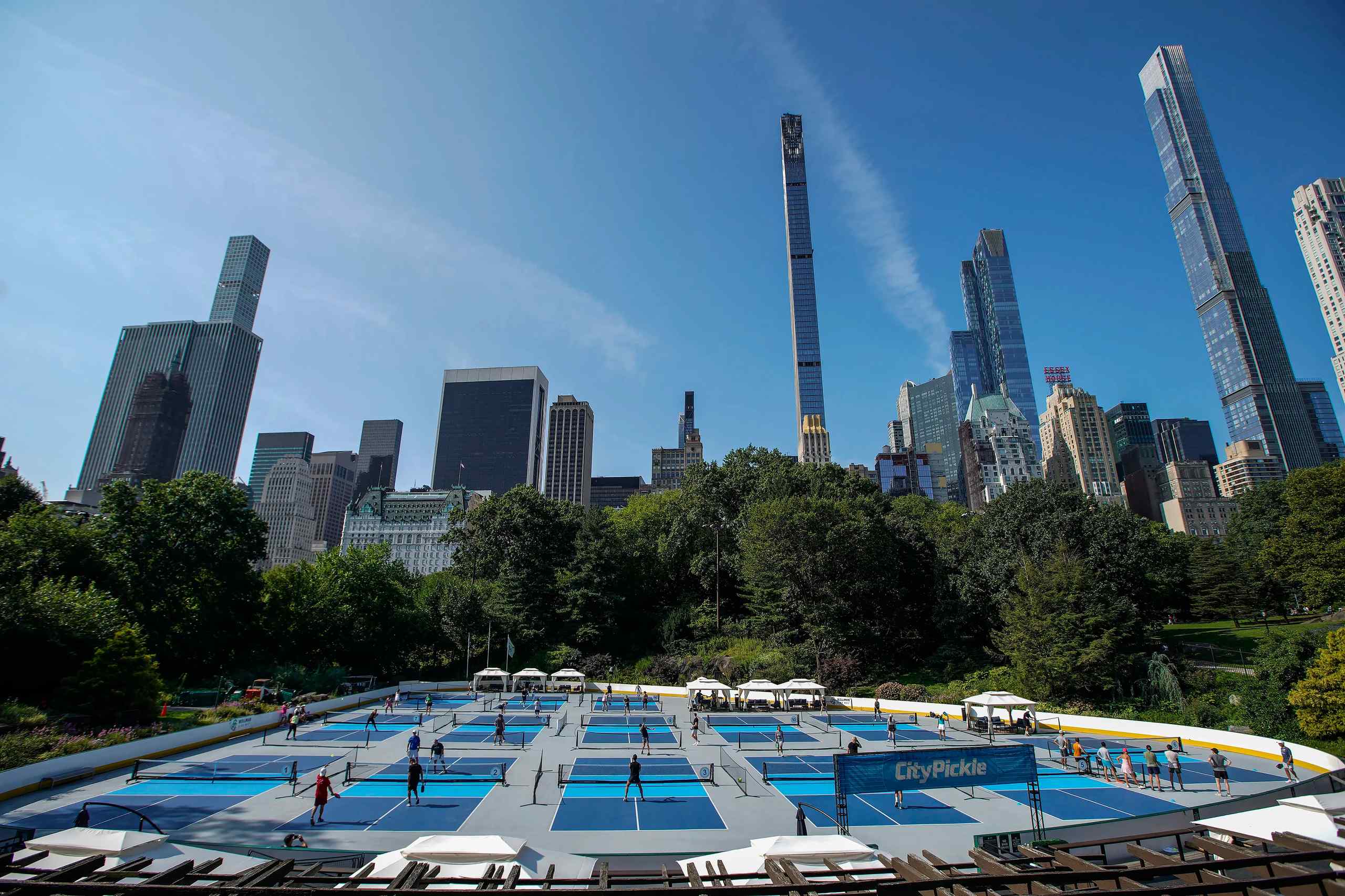 A massive group of pickleball courts in NYC.