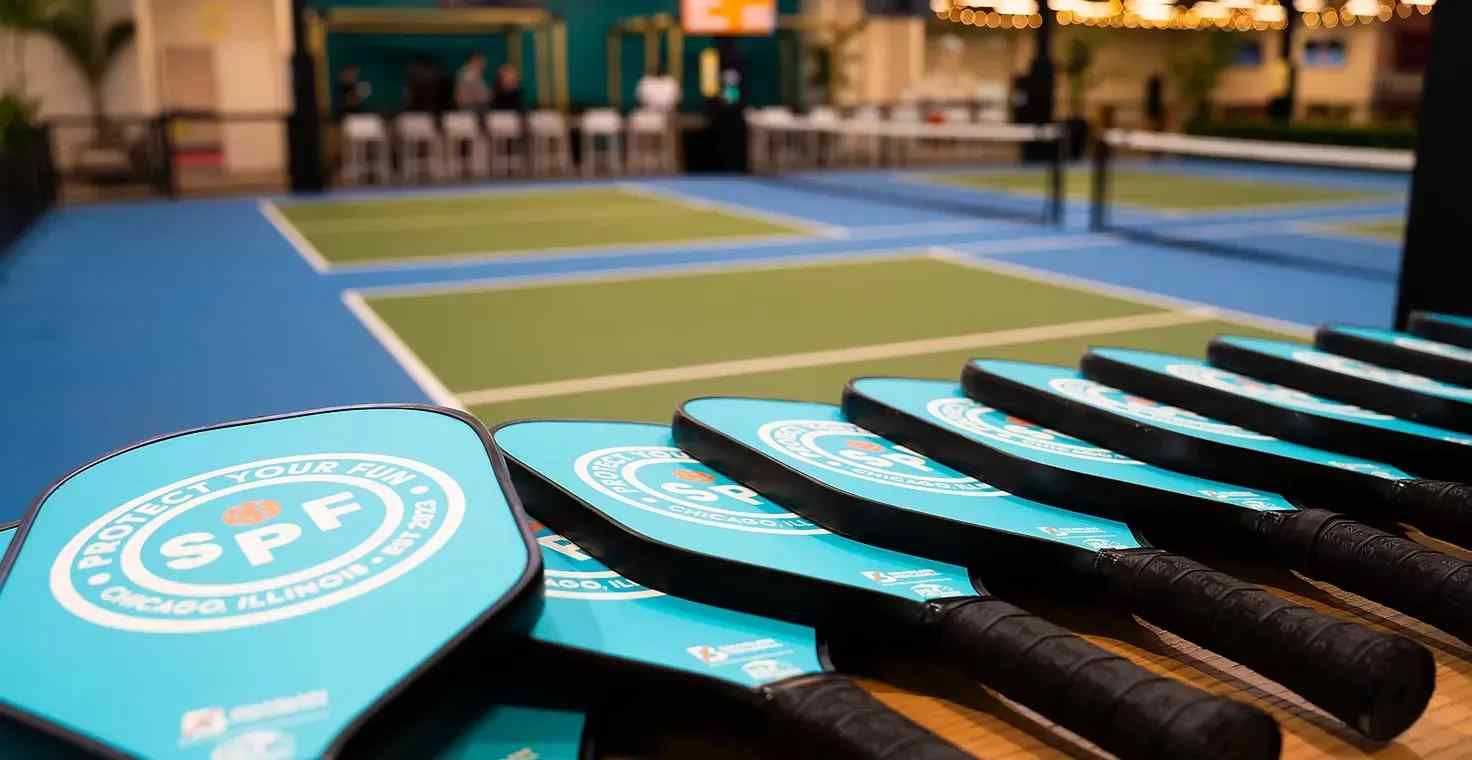 Pickleball padels stacked on the side of a court.