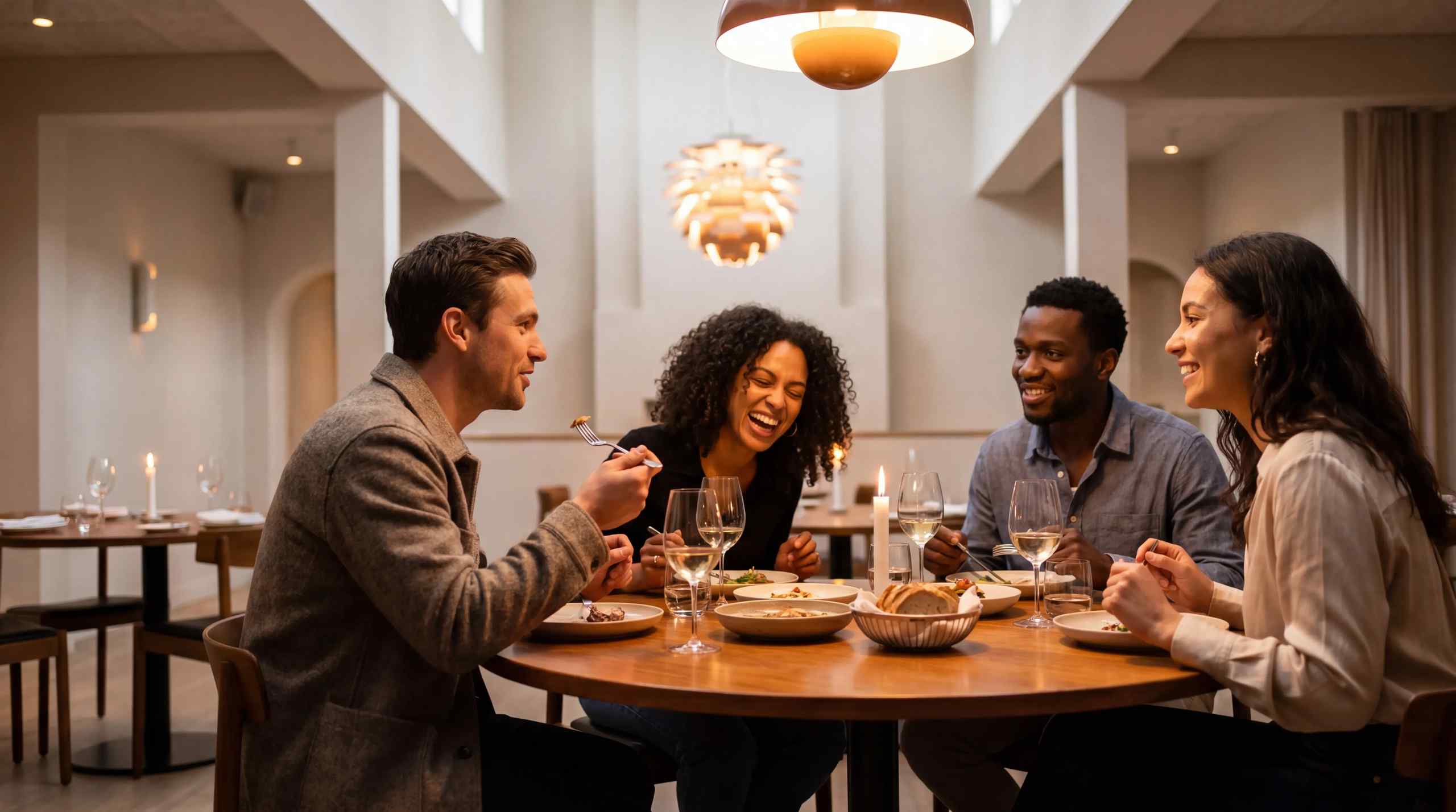 AI image of two couples enjoying dinner at an exclusive restaurant. 