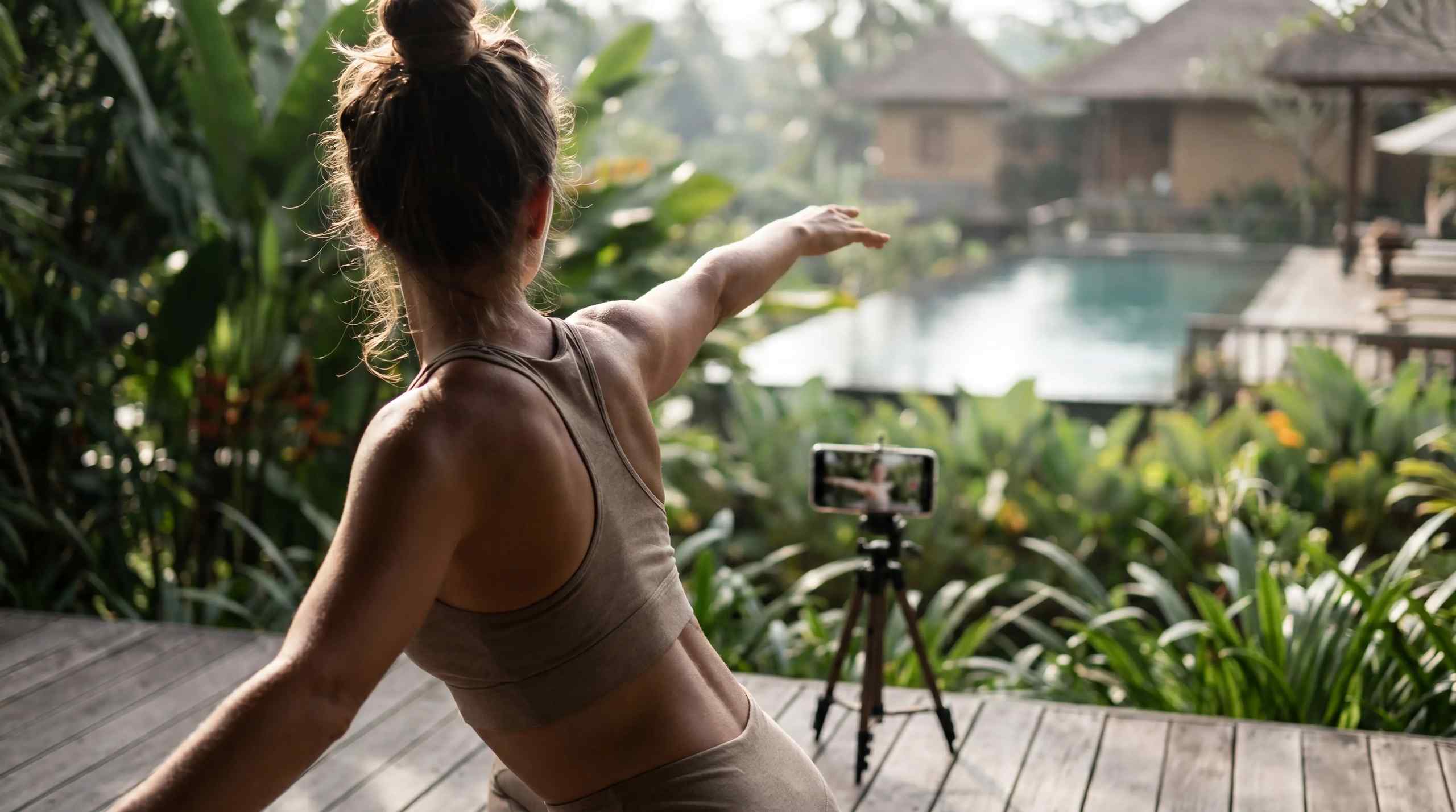 AI image of a person filming themselves doing yoga at a VIP resort. 