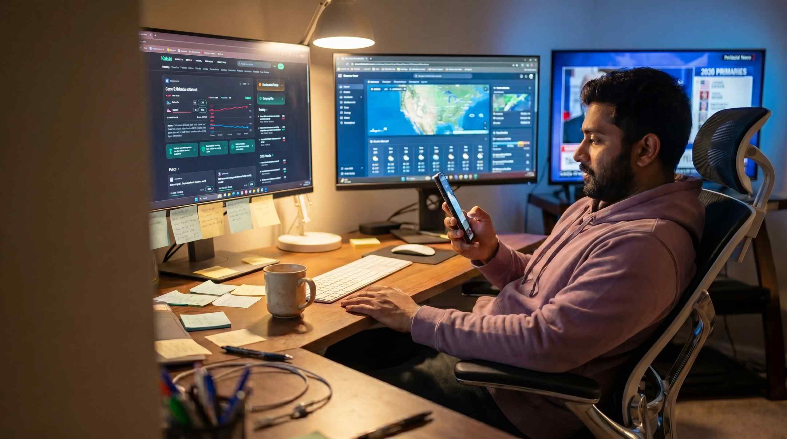 Person sitting at his work station observing forecasting data and placing bets