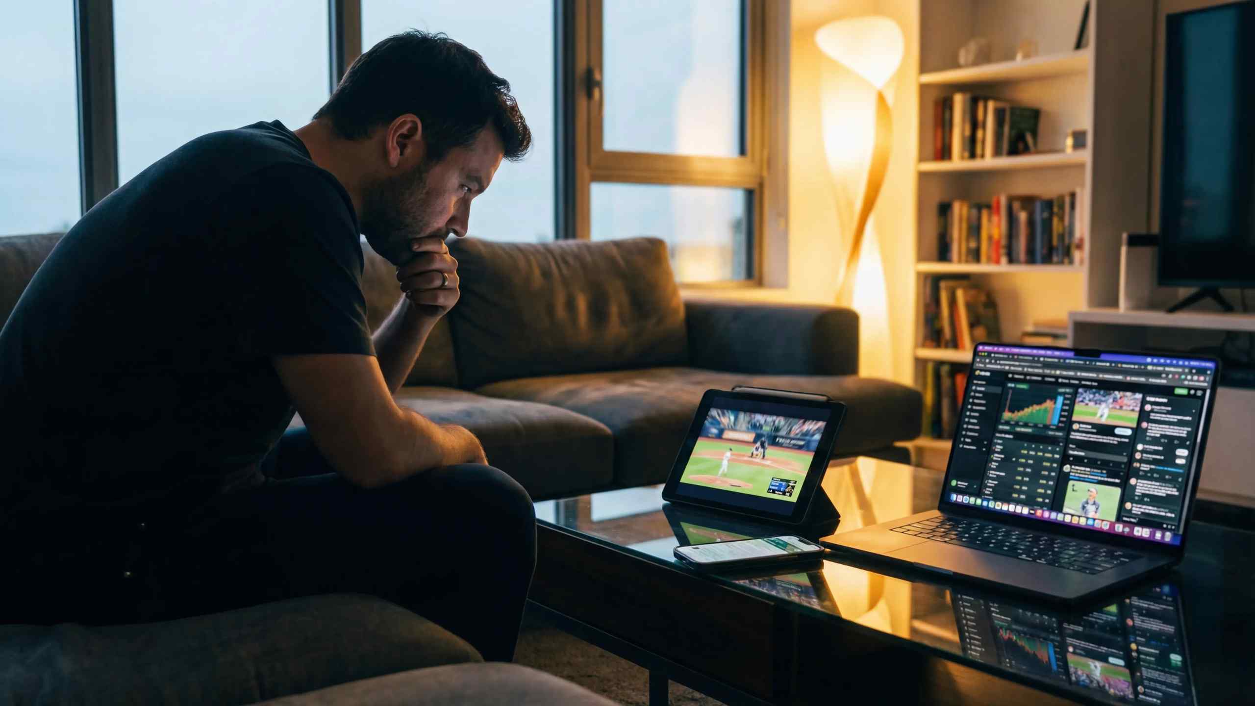 A man watching a sports game on a tablet.