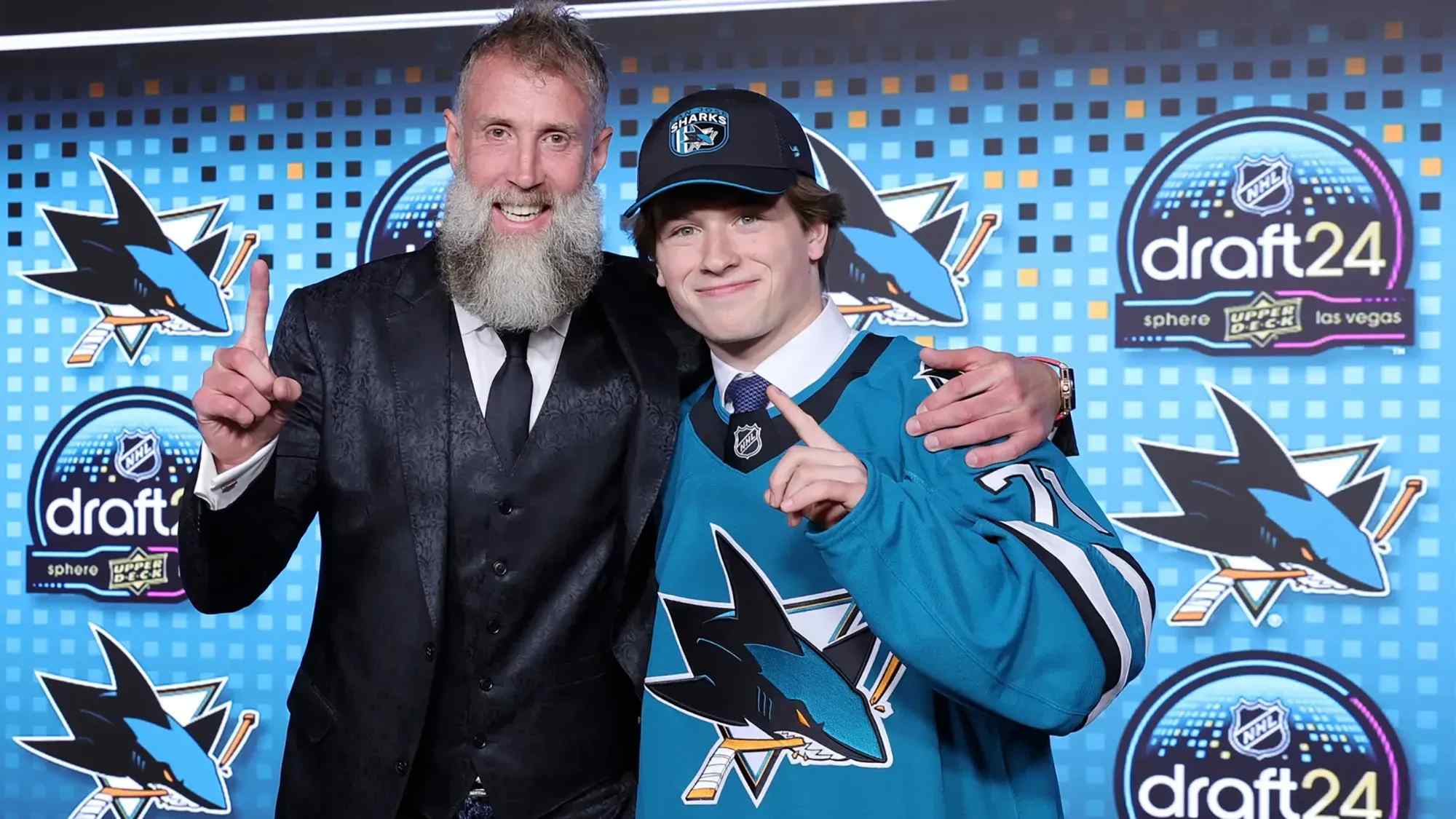 Joe Thornton and Macklin Celebrini at the NHL draft.