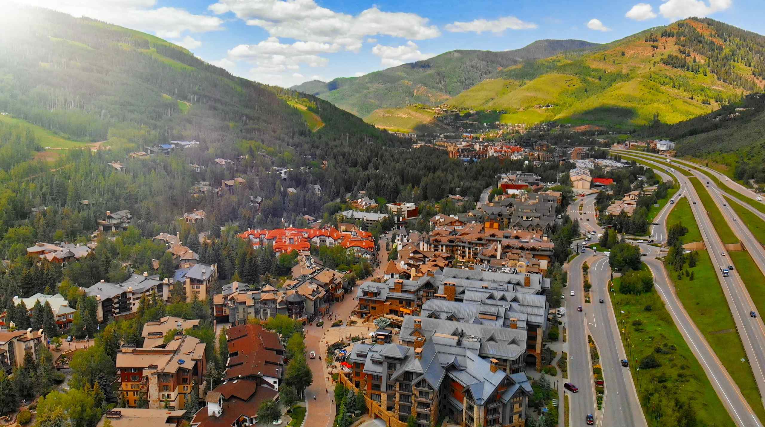 An arial view of Vail, Colorado in the summer.