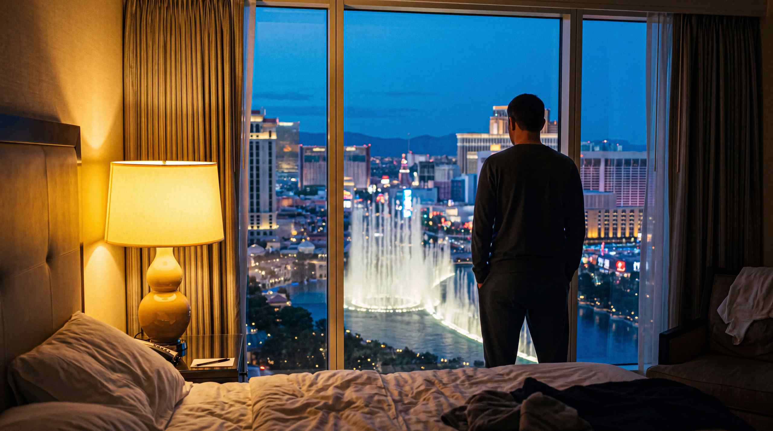 A man peering out a Vegas hotel window with the Bellagio fountain in the background.