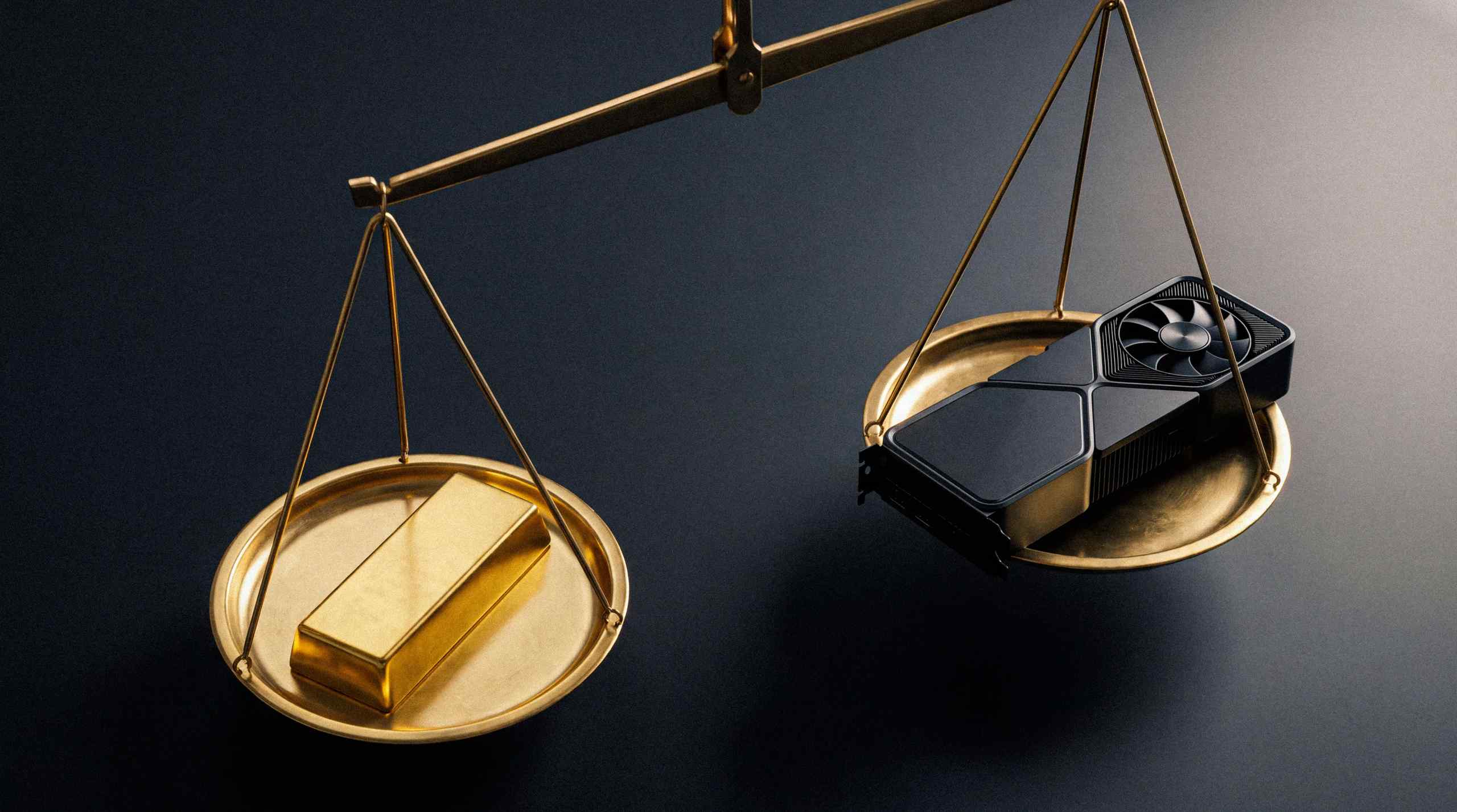 A scale with gold on one side and GPU on the other.