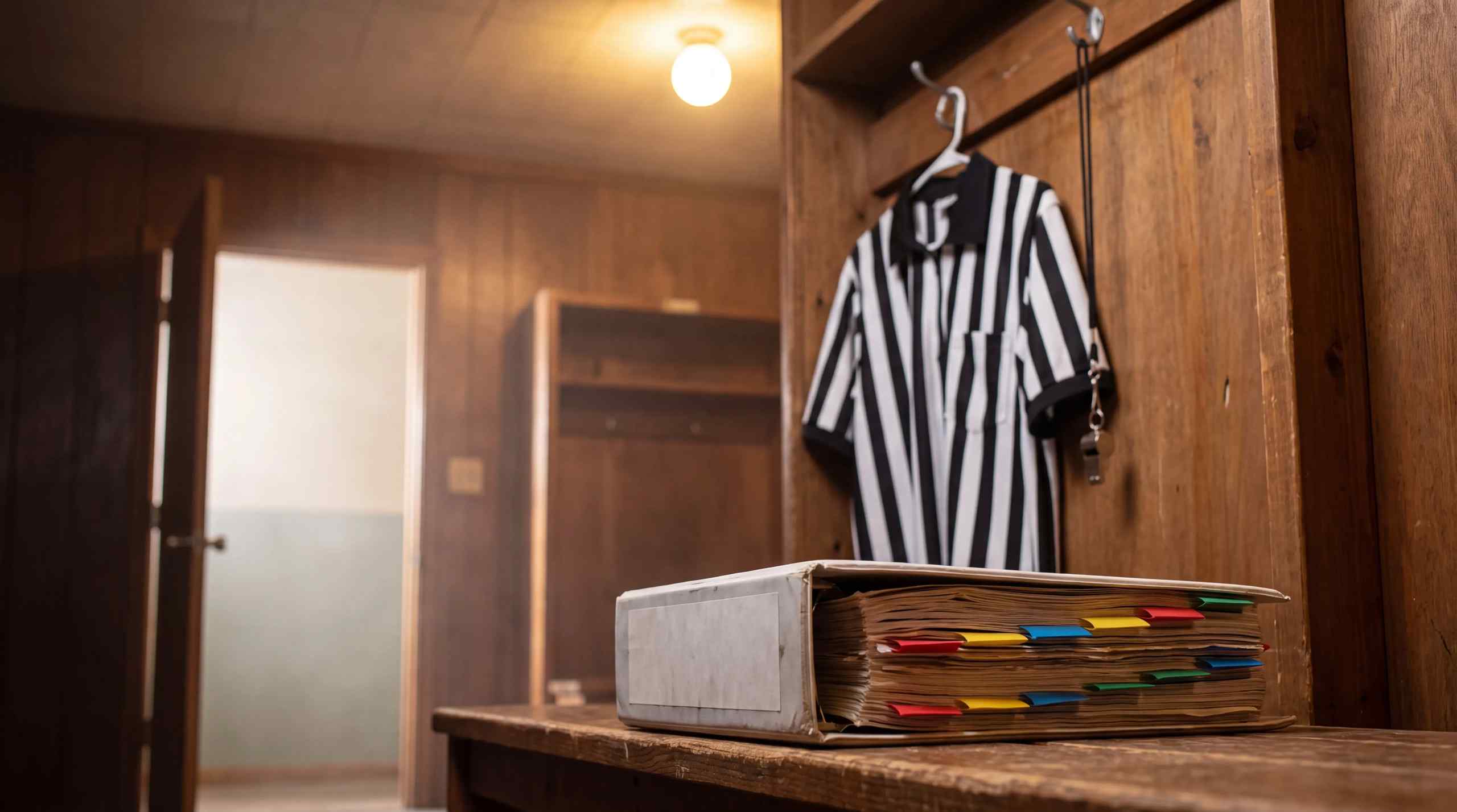 A striped shirt and rulebook in a locker room.
