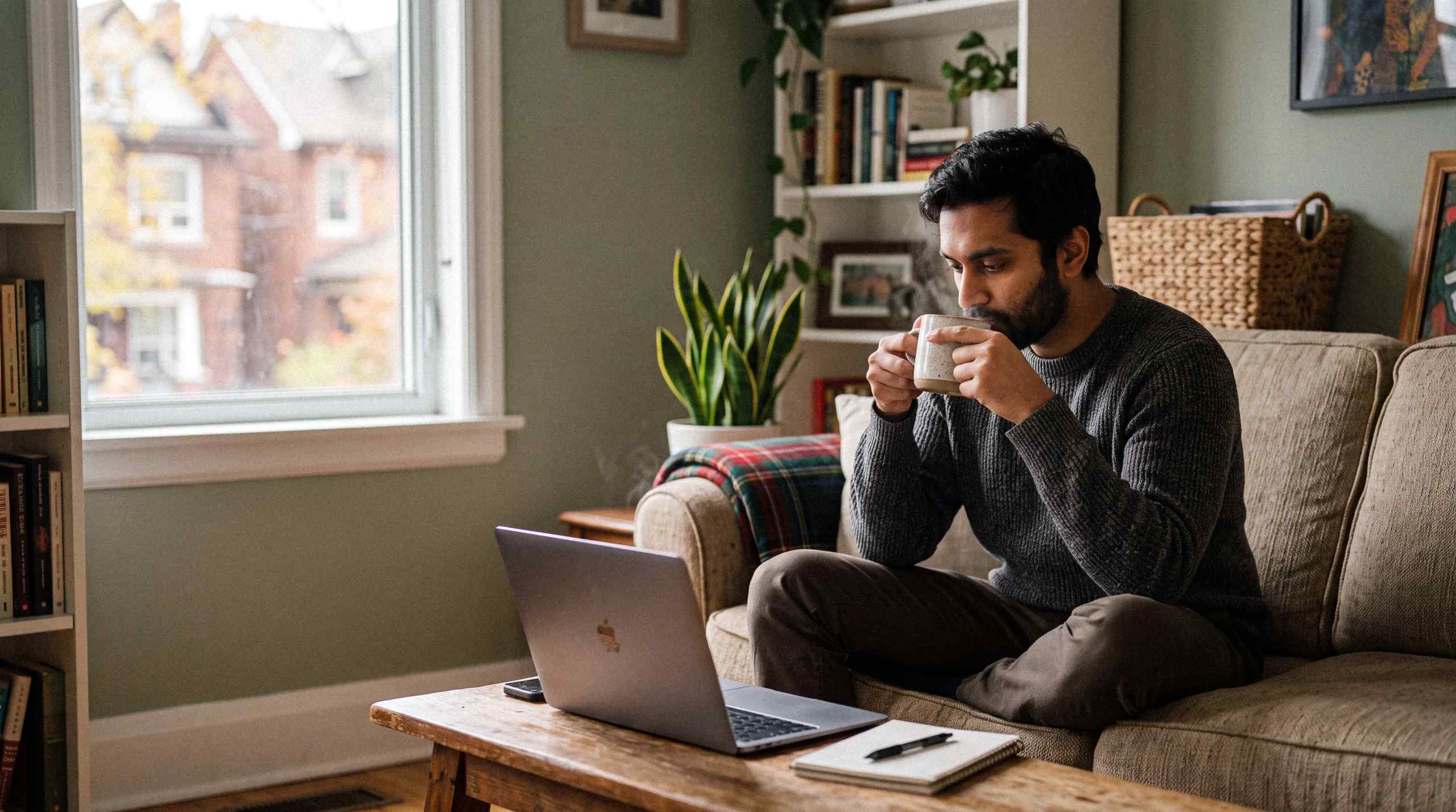 A man checking his laptop while enjoying a beverage.