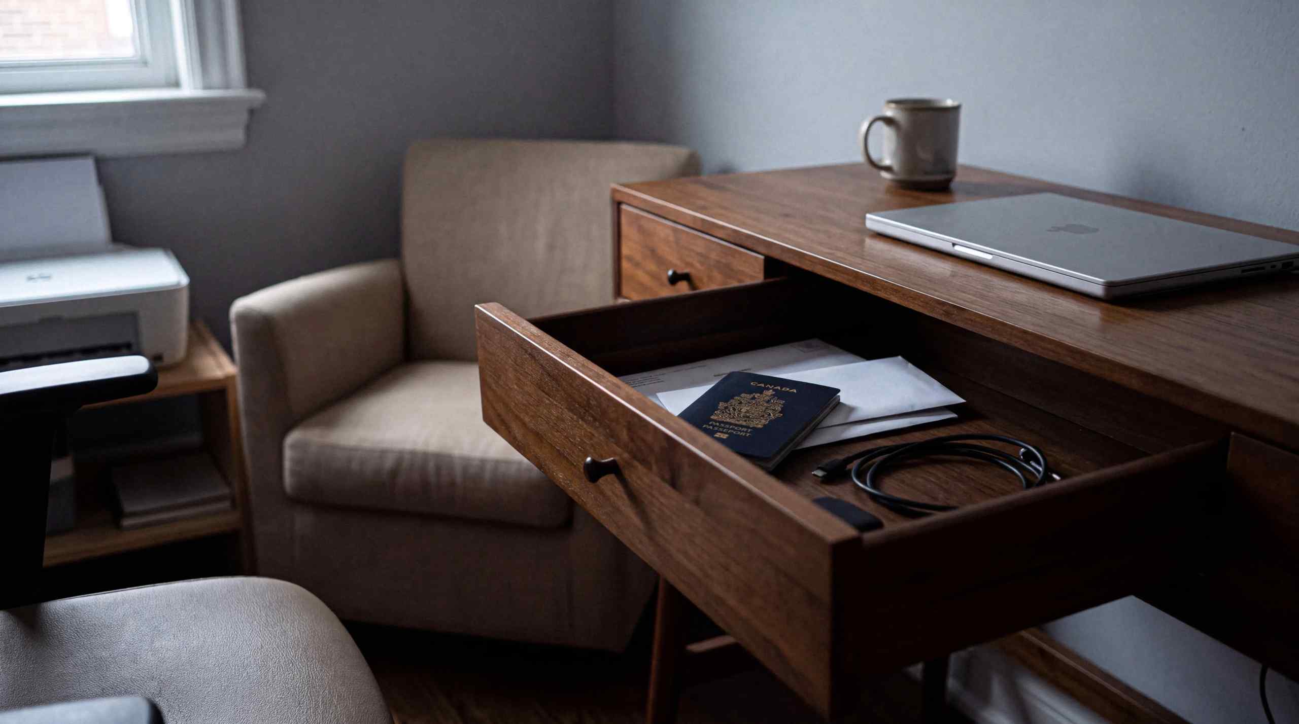 A drawer with passport, travel charger and battery.